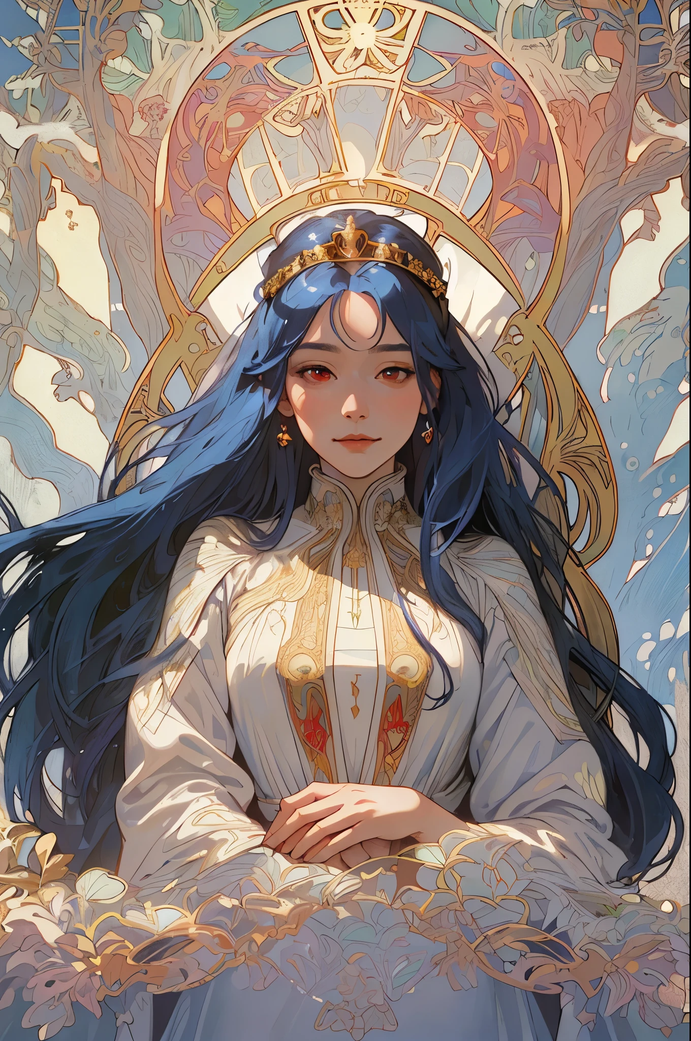 (masterpiece, highest quality), 1 girl, alone, (Queen:1.15), blue hair, long hair, curtain, white dress, queen dress, aurora, (sunlight, null, river, forest), No expression, red eyes, (art nouveau:1.2), Alphonse Mucha, tiara, (face focus, Upper body), (red throne:1.12), very intricate details, realistic light, smile