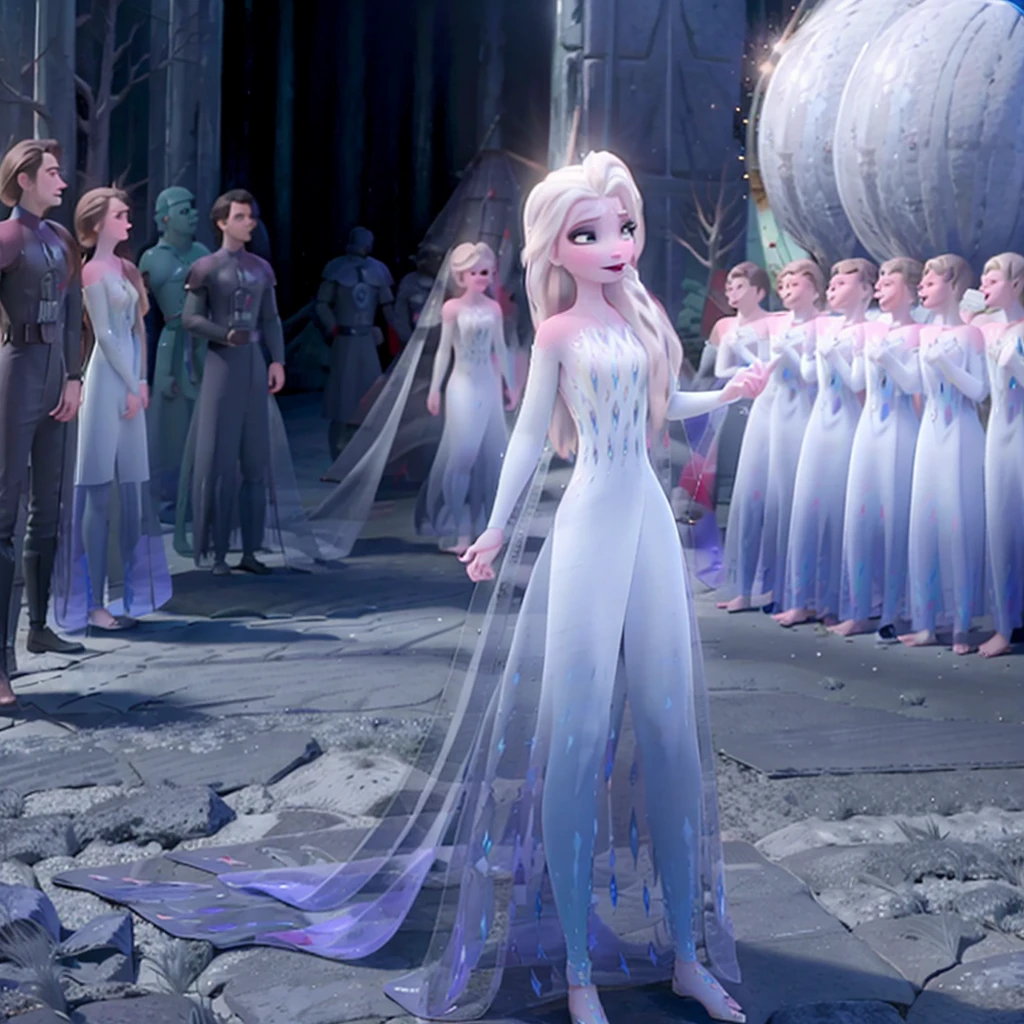 (obra de arte, melhor qualidade:1.2), Elsa princess from Frozen dressed in a black Sith robe and holding a red Star Wars-style lightsaber in her hands, with the clone army in the background