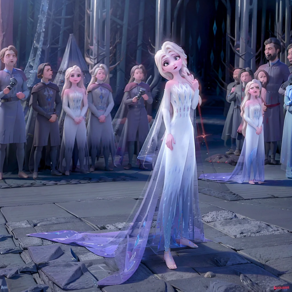 (obra de arte, melhor qualidade:1.2), Elsa princess from Frozen dressed in a black Sith robe and holding a red Star Wars-style lightsaber in her hands, with the clone army in the background