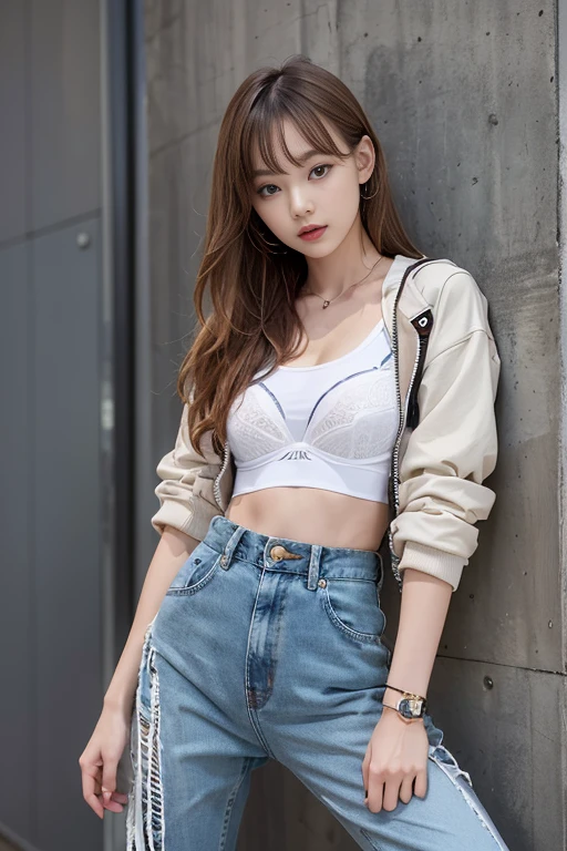 best image quality、Raw photo、超A high resolution、18 year old female、Shooting for one person only、model shoot、Japanese woman wearing white jacket and jeans, wearing crop tops, baggy jeans, bralette, bra and shorts streetwear, exposed navel, Wearing denim, sexy :8, street style、Beautiful eyes in every detail、very long eyes、beautiful eyelashes、beautiful double eyelids、very thin legs、light brown short hair、very thin physique、gray wall