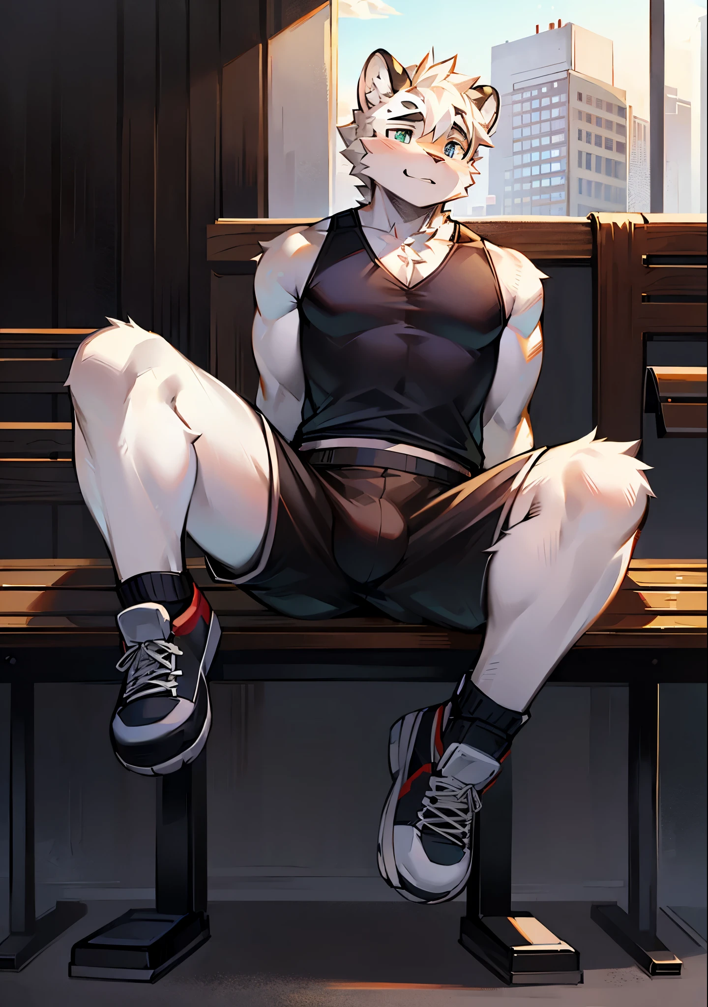 A white tiger boy，Physically strong，sit on a bench，Wear a black vest，black sports shorts，Wearing white socks and basketball shoes on feet