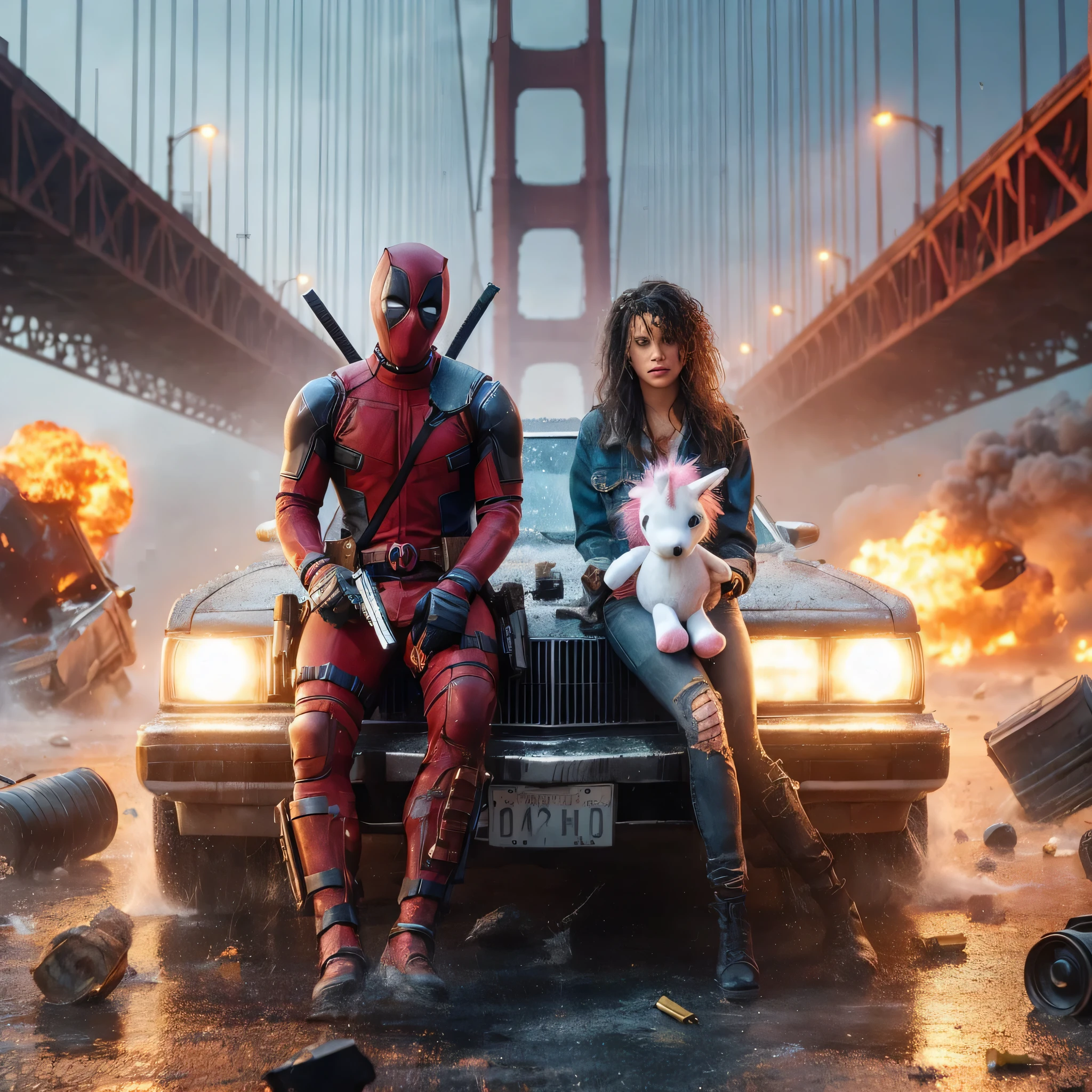 Photo professionnelle, hyper realistic, photo realistic, 8K , ultra-realistic,  beau contraste, beautiful lighting, beautiful colorimetry , film photographique, personnages de Deadpool et Vanessa , poubelle , strange position, pistolets à la main, merveille, Wade Wilson , Pont San Francisco , humour , Deadpool avec sa  peluche de licorne Blanche , dynamique, cascade voiture Dodge,  explosion, Feu, balles, fusils , flying debris , douilles 