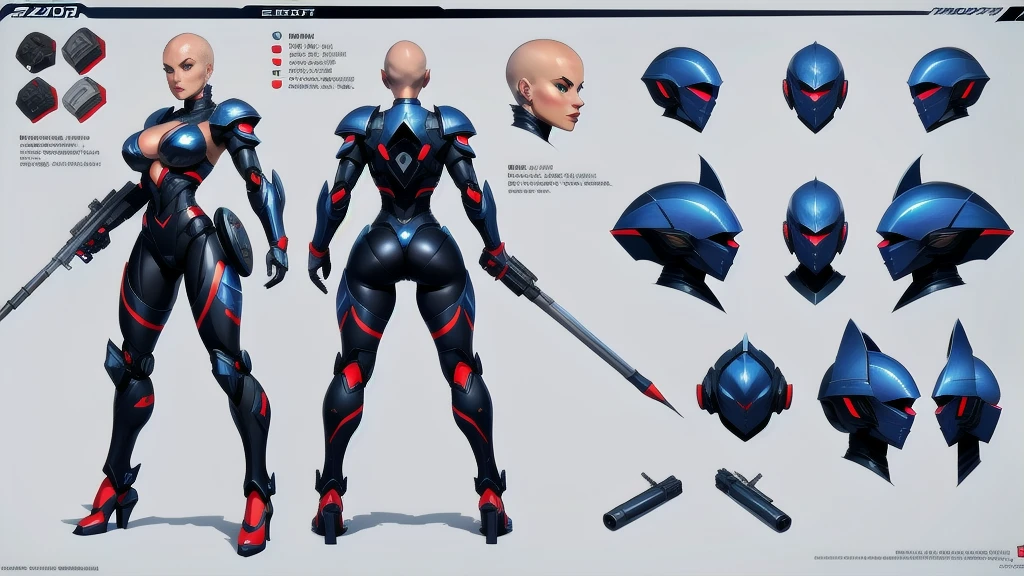 (character design sheet of female robot) realistic, detailed, camera eyes, metalic face and skin, bold head, no hair, flexible armor, standing posture, light background, vibrant colors, professional concept art style, high resolution, studio lighting, fine details, gun, Machine guns, shield, swords, Bazooka Cannon, missiles, Missile pods, Communicator, Energy pods, Ammunition magazines , dynamic pose, gigantic breasts, huge ass