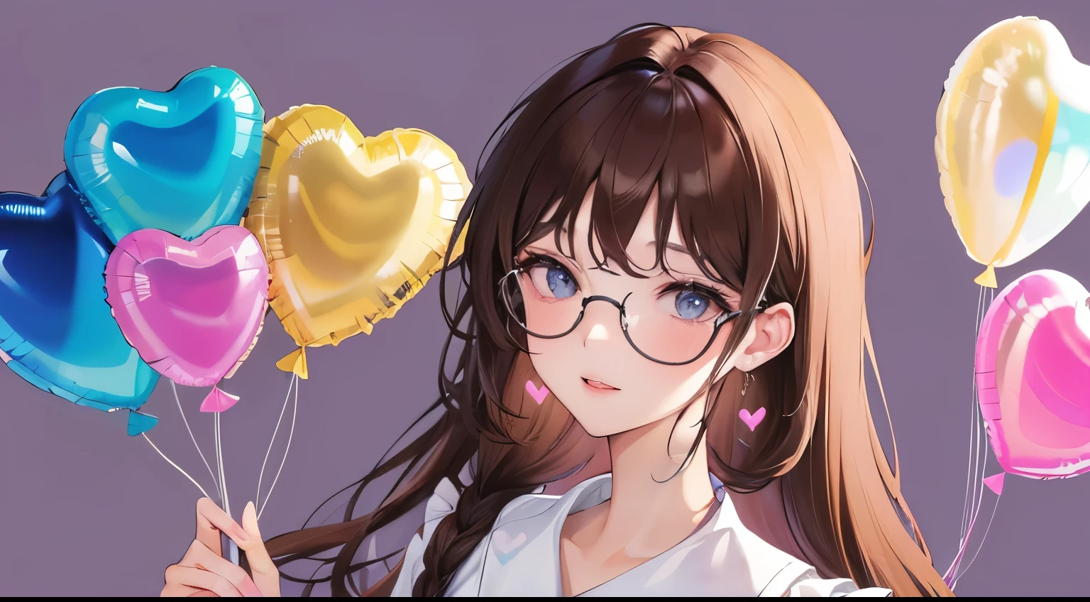 Masterpiece,best quality,  (((colorful heart balloon background))), determined expression, white shirt、upper body diagram、No piercing、no earrings、Glasses、
(((1 woman)))、(highest resolution、clear_image)、best quality、contrast of light and shadow、((illumination))、very detailed、semi-realistic、braided hairstyle、brown hair、shy smile、bangs、20-year-old、office　Lady,,young、((View from the front))、delicate facial features facial features、