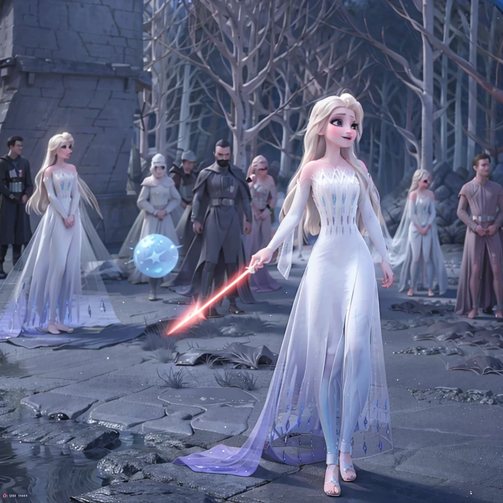 Elsa princess from Frozen dressed in a black Sith robe and holding a red Star Wars-style lightsaber in her hands, with the clone army in the background