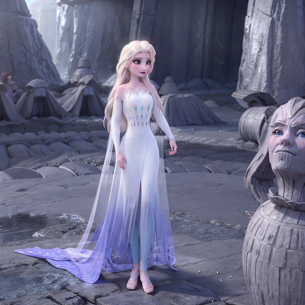 Elsa princess from Frozen dressed in a black Sith robe and holding a red Star Wars-style lightsaber in her hands, with the clone army in the background