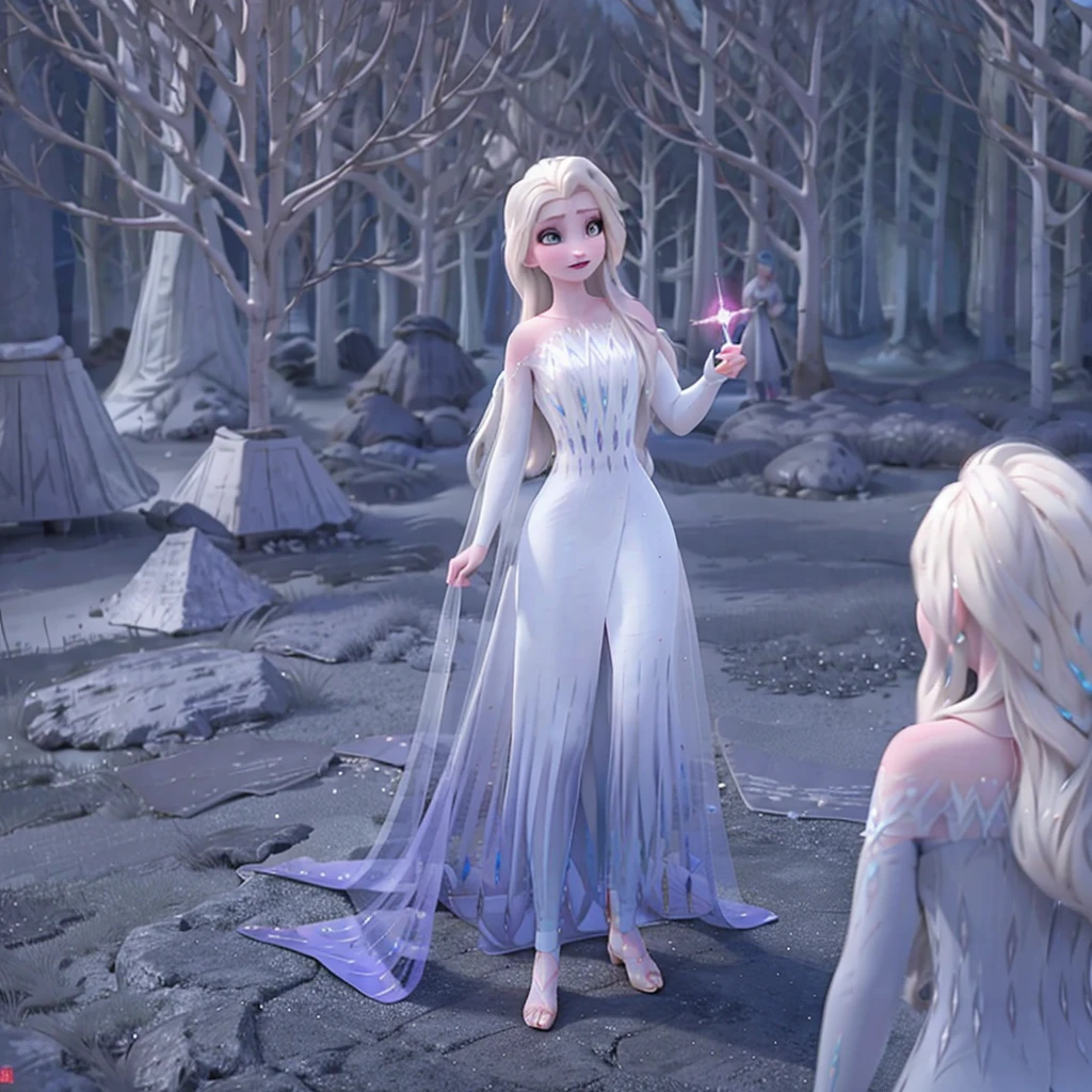 Elsa princess from Frozen dressed in a black Sith robe and holding a red Star Wars-style lightsaber in her hands, with the clone army in the background