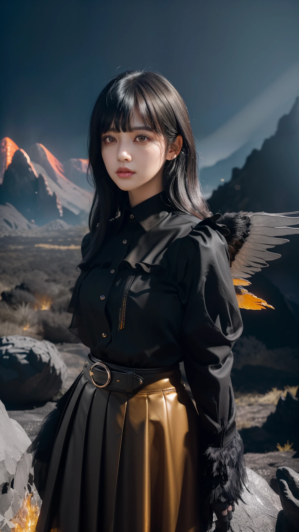 (Dark Bloom), kpop idol, black fluffy hair with bangs, yellow eyes, (black skirt, gloves, black shirt), wings, sparkling clothing, (mountains, orange fire, dark background, rocks. lava), (realistic:1.2), (masterpiece:1.2), ((Cowboy-shot:1.2), dark romantic lighting, (highly detailed:1.2),(detailed face:1.2), (gradients), colorful, detailed eyes, (natural lighting:1.2), solo 