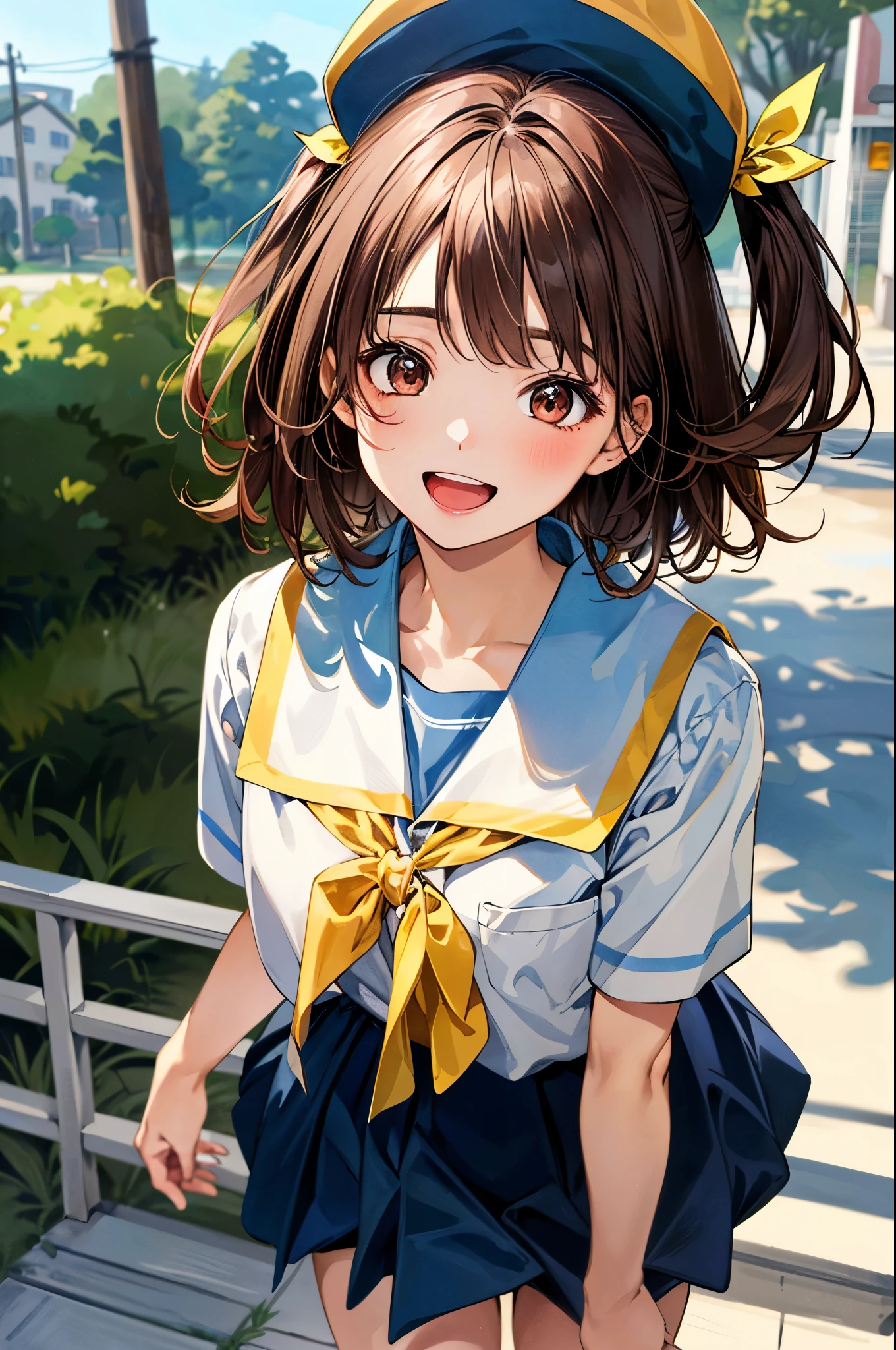 (masterpiece:1.2, top-quality, ultra high res, ultra detailed), (realistic, photorealistic:1.4), beautiful illustration, colorful, (natural side lighting, movie lighting), 
looking at viewer, ((1 cute 5 years old girl)), japanese, ((kindergartners)), perfect face, (perfect anatomy), cute and symmetrical face, shiny skin, tiny, 
(short hair:1.1, (two side up:1.2), red brown hair), asymmetrical bangs, brown eyes, drooping eyes, big eyes, long eye lasher, (), 
beautiful hair, beautiful face, beautiful detailed eyes, beautiful clavicle, beautiful body, beautiful chest, beautiful thigh, beautiful legs, 
((detailed cloth texture, light blue nursery uniform smock, yellow school hat)), 
(beautiful scenery), depth of field, evening, (park, sandpit), standing, (happy smile, upper eyes, open mouth),