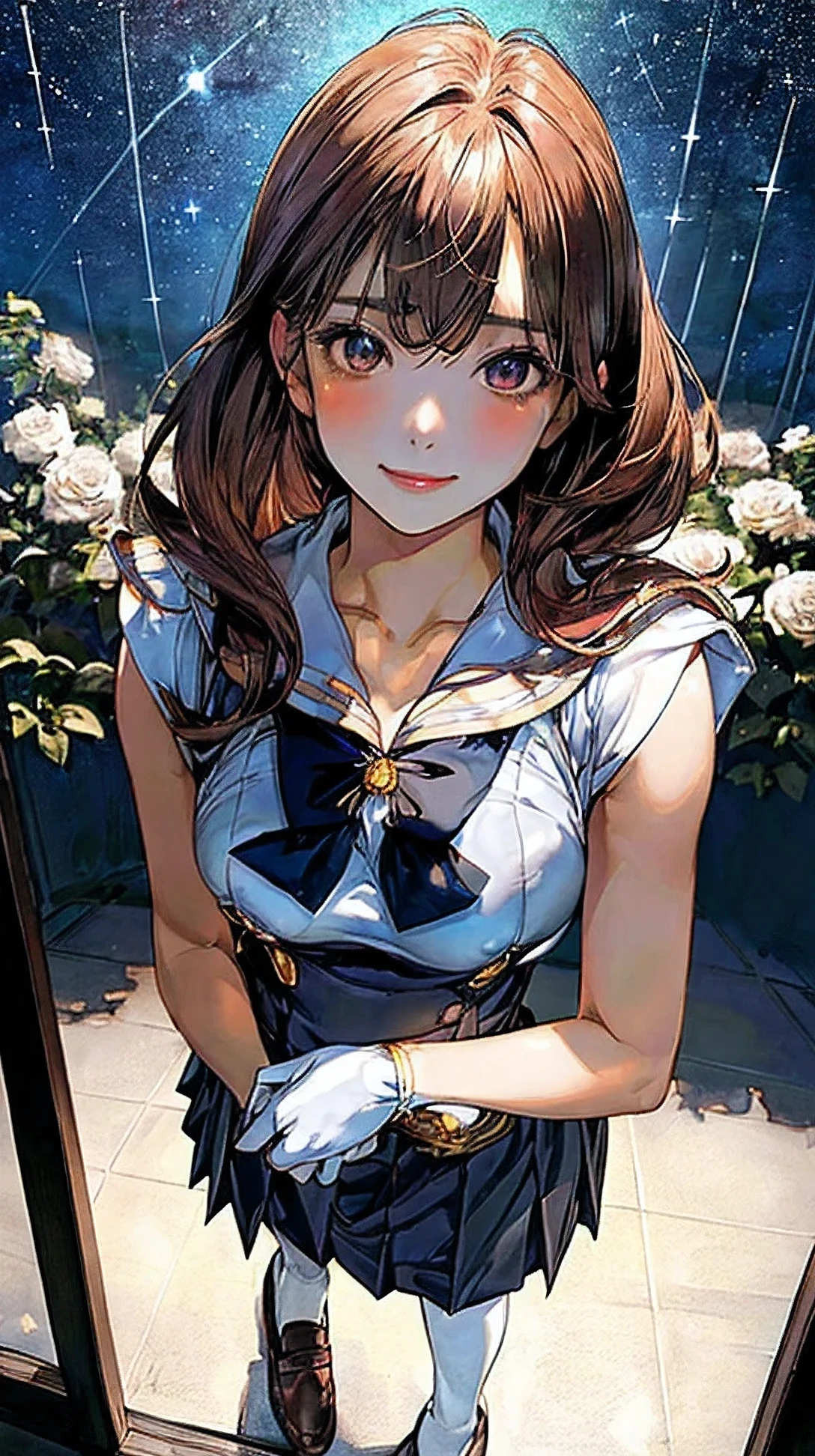 (masterpiece:1.2, highest quality, ultra high resolution, Super detailed), (realistic, photorealistic:1.4), beautiful illustrations, (natural side lighting, movie lighting), look away, 1 girl, Japanese, high school girl, perfect face, (perfect anatomy), 左右対称のcute顔, shiny skin, thin, (straight hair:1.5, reddish brown hair), flowing bangs, red hair clip, dark brown eyes, droopy eyes, Big eyes, long eyelashes chest), beautiful hair, beautiful face, thin and beautiful eyes, beautiful clavicle, beautiful body, beautiful breasts, beautiful thighs, beautiful feet, ((fine fabric texture, gray pleated skirt, ((white sailor collar)), dark green bow tie, white socks, brown loafers)), 1 girl, highest quality, alone, Depth of written boundary, natural soft light, troublesome, beautiful face, cleanliness, pure face, white skin, cute, short hair, bang, Light of the sun, Nedium Breast Body Esbian, ((セーター黄金比のbeautiful face 対称性のあるbeautiful face)), long neck, Giorgione'painting style, Rich colors and deep atmosphere, sit in front of an astronomical machine, Revealing their fascination with space, in the background, The forest lake on a quiet night reflects their deep thoughts.., full of stars and constellations, one person is holding a vase of roses, The petals are soft and attractive, もう一方にはcute小物やチャームが飾られています, perfect hands指, perfect hands, perfect body, shine a light on the eyes, perfect anatomy:1.4, とてもcuteスーパーモデル:1.4, ({Huge|big breasts|Hugeな|mega} overall small breasts:2), perfect anatomy, Depth of written boundary, evening, (school hallway), Are standing, turn your arms behind your back, (smile, Upper grade)