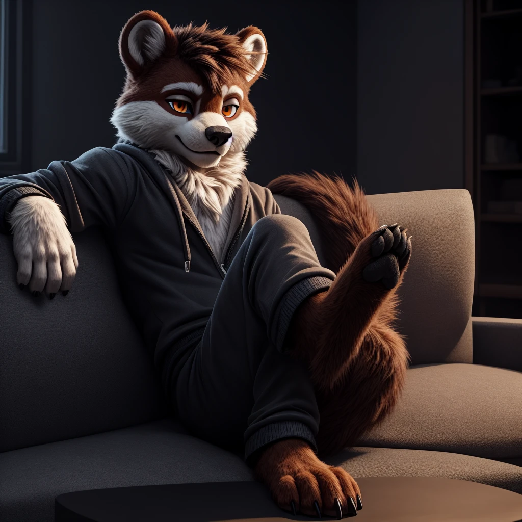 ((( furry character, full body, furry male.))) furry ice bear boy in blue pyjama with long pants lies on sofa watching tv, feet up, hypnotised, soft red glow in eyes, detailed fur, wears black socks on feet with red spiral on soles BREAK, detailed background, 8K, (masterpiece:1.5), intricate details, highly detailed, extreme detail, octane render, 3d animation, realistic, fine art, best quality, highres, (detailed face:1.5), ((full_body)), UHD, (((perfect hands))), low ligth:1.2