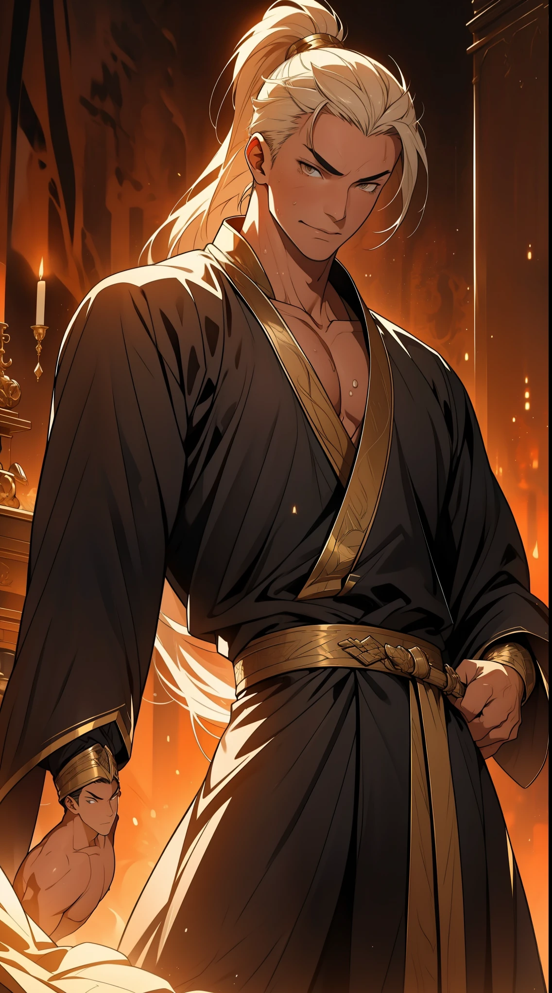 one person(male warrior),proportions are correct,facial details,swordsman,high ponytail hairstyle,neck detail,Have an Adam's apple,Black and gold robe,joke,Black and gold robe,clothing details,Hand over,long sleeves,Game quality,fencing,Ray tracing,Ray tracing,Detailed glow,CG rendering,hair details,Long black and blond hair,Black-gold eyes,Handsome,Handsome,(Youthful feeling),Costumes are complicated,Perfect composition,refine,high quality,higher details,many details,Complex background,a sense of atmosphere,