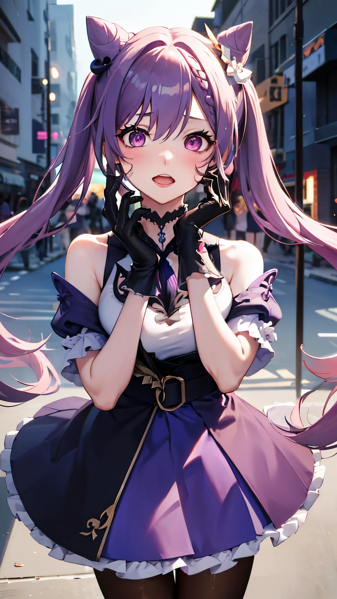 best quality}, {{masterpiece}}, {highres}, extremely detailed girl, sharp focus, solo, {genshin impact, keqing (genshin impact), 1girl, black pantyhose, blush, braid, breasts, cone hair bun, double bun, flower, frilled gloves, frills, gloves, hair bun, hair flower, hair ornament, hairpin, large breasts, looking at viewer, neck tassel, open mouth, pink eyes, purple hair, sidelocks, solo, twintails, very long hair, closeup,yandere, hands on own face,hands on own cheeks, glowing, lightning effect,face flushed, white shirt short sleeves