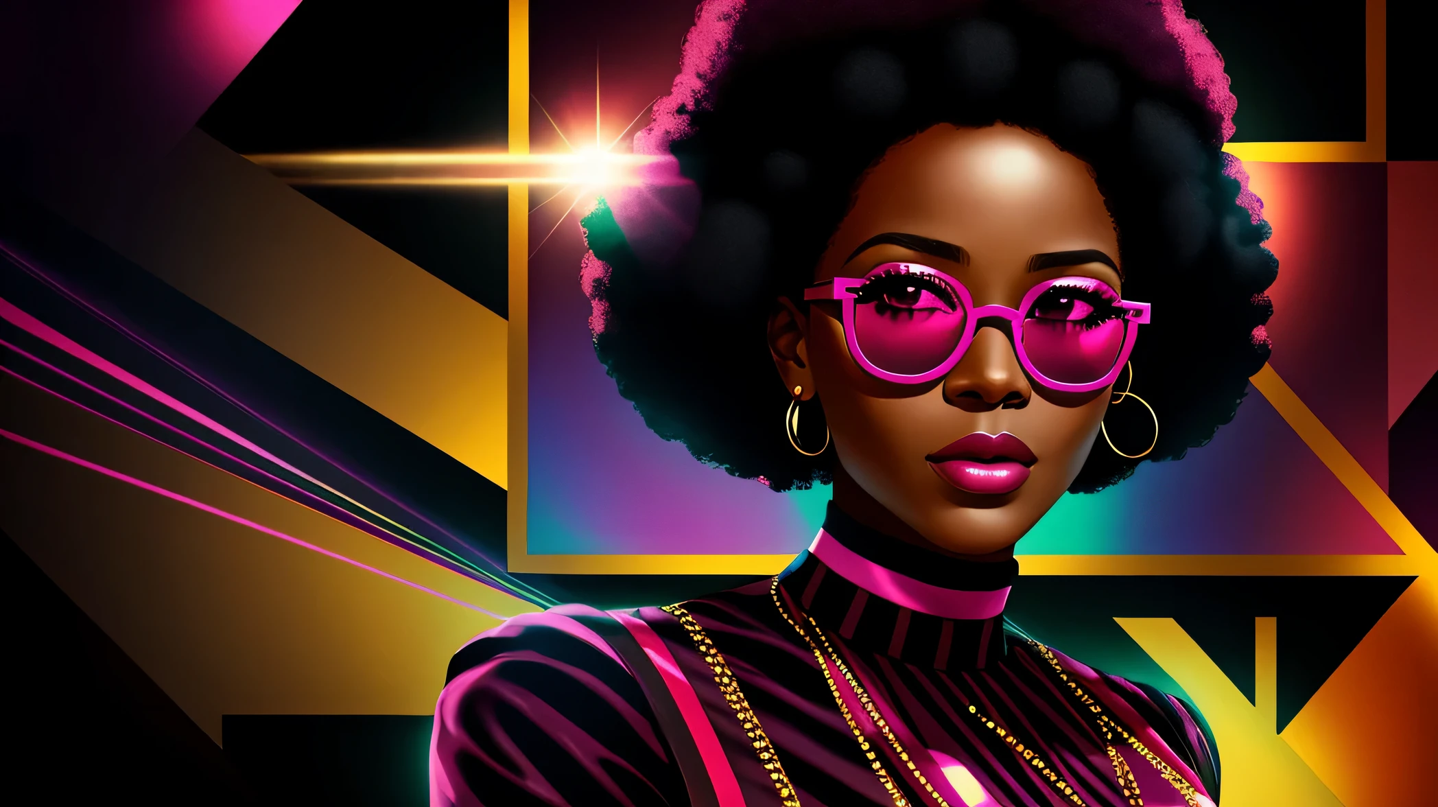 vintage, a close up of one beautiful afro woman (character at the right), dark pink and white modern dress, sunglasses, 8k, digital art, stunning digital illustration, no text, magenta colored abstract background, music elements portrait 