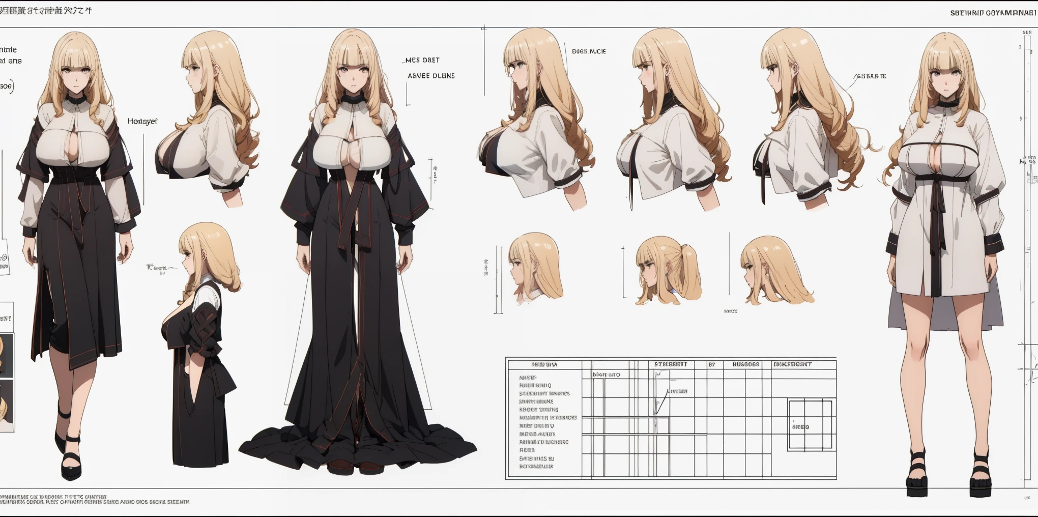 rose, blonde hair, long hair, drill hair,
girl, solo, full body, from head to toe, standing, (Huge_Breasts:1.3),
Character Design Sheet, character reference sheet, character turn around,
Blueprint Schematic Drawing, , technical drawing, blueprint, schematic
black dress