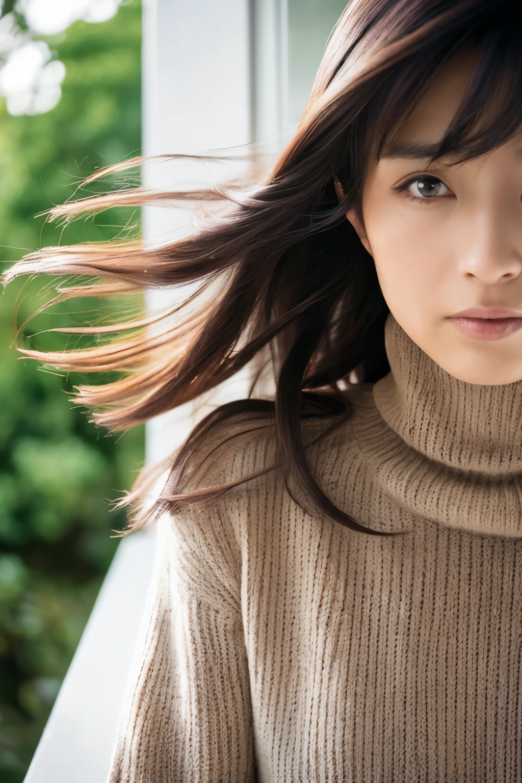 (, Turtleneck knitwear), (top-quality,masterpiece:1.3, Super high resolution), (Photorealsitic:1.4,RAW shooting), Ultra-realistic capture, A highly detailed, high-definition 16K for human skin, Skin texture is natural, The skin looks healthy with an even tone, Use natural light and color, One Woman, Japanese, kawaii, A dark-haired, Middle hair, (depth of fields, chromatic abberation, Wide range of lighting, Natural Shading), (Hair swaying in the wind:1.2), white wall with windows