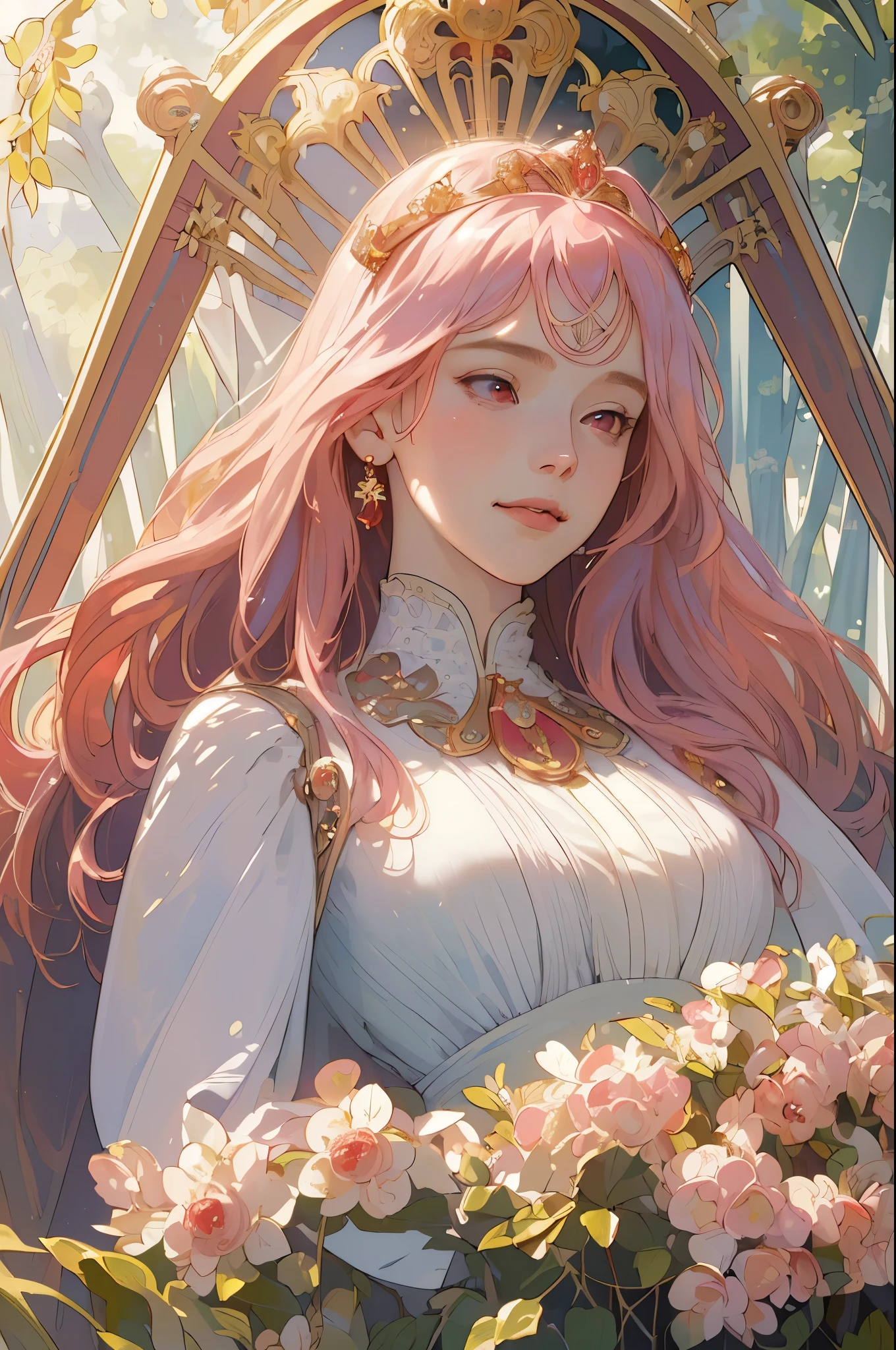 (masterpiece, highest quality), 1 girl, alone, (Queen:1.15), pink hair, long hair, curtain, white dress, queen dress, aurora, (sunlight, null, river, forest), No expression, red eyes, (art nouveau:1.2), Alphonse Mucha, tiara, (face focus, Upper body), (red throne:1.12), very intricate details, realistic light, smile