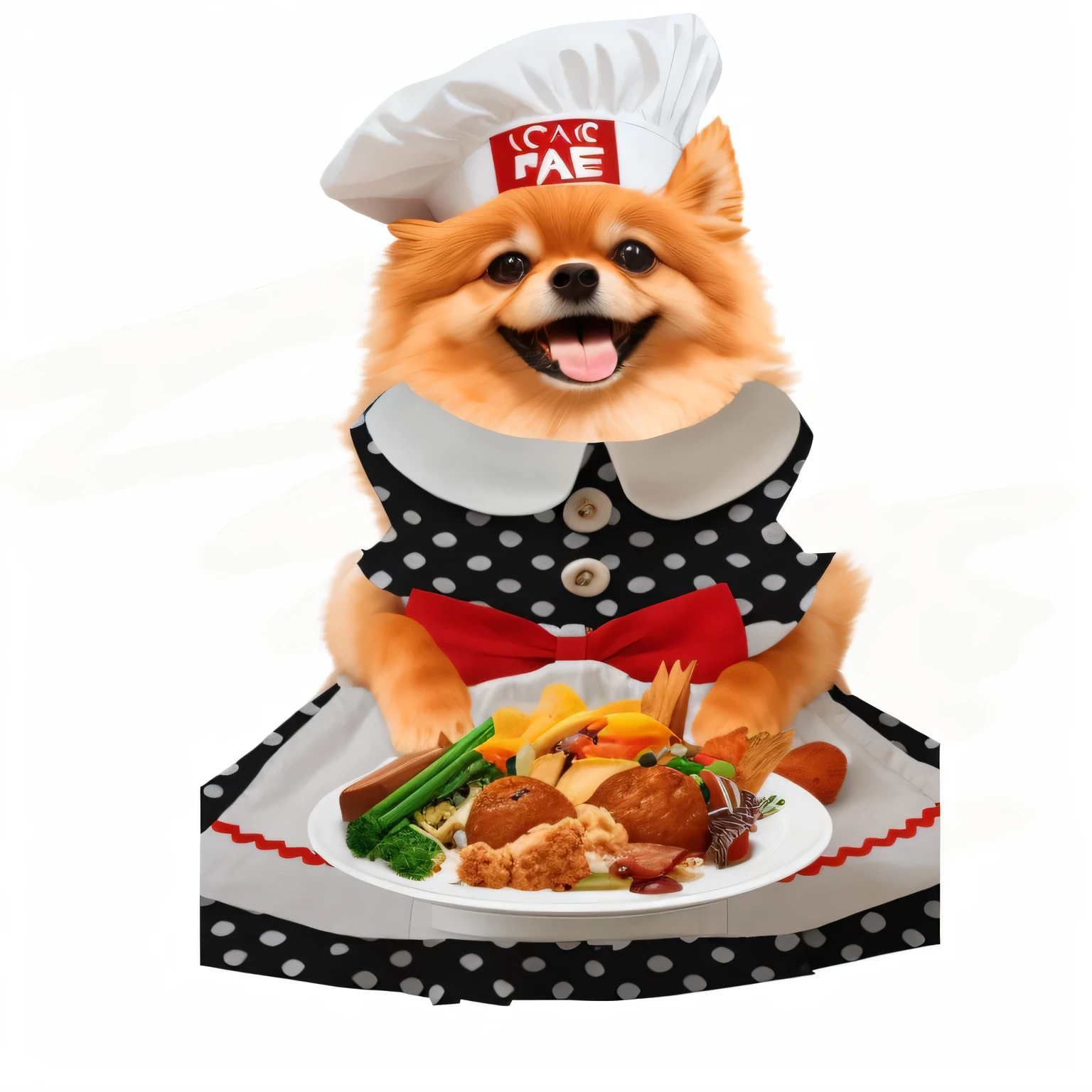 arafed dog dressed in a chef's outfit holding a plate of food, anthropomorphic dog eating, umamusume, fume, yummy, best chef, by Jeka Kemp, dressed as a pastry chef, by Amelia Peláez, dinner is served, [ realistic photo ]!!, by Nishida Shun'ei, photo-shopped