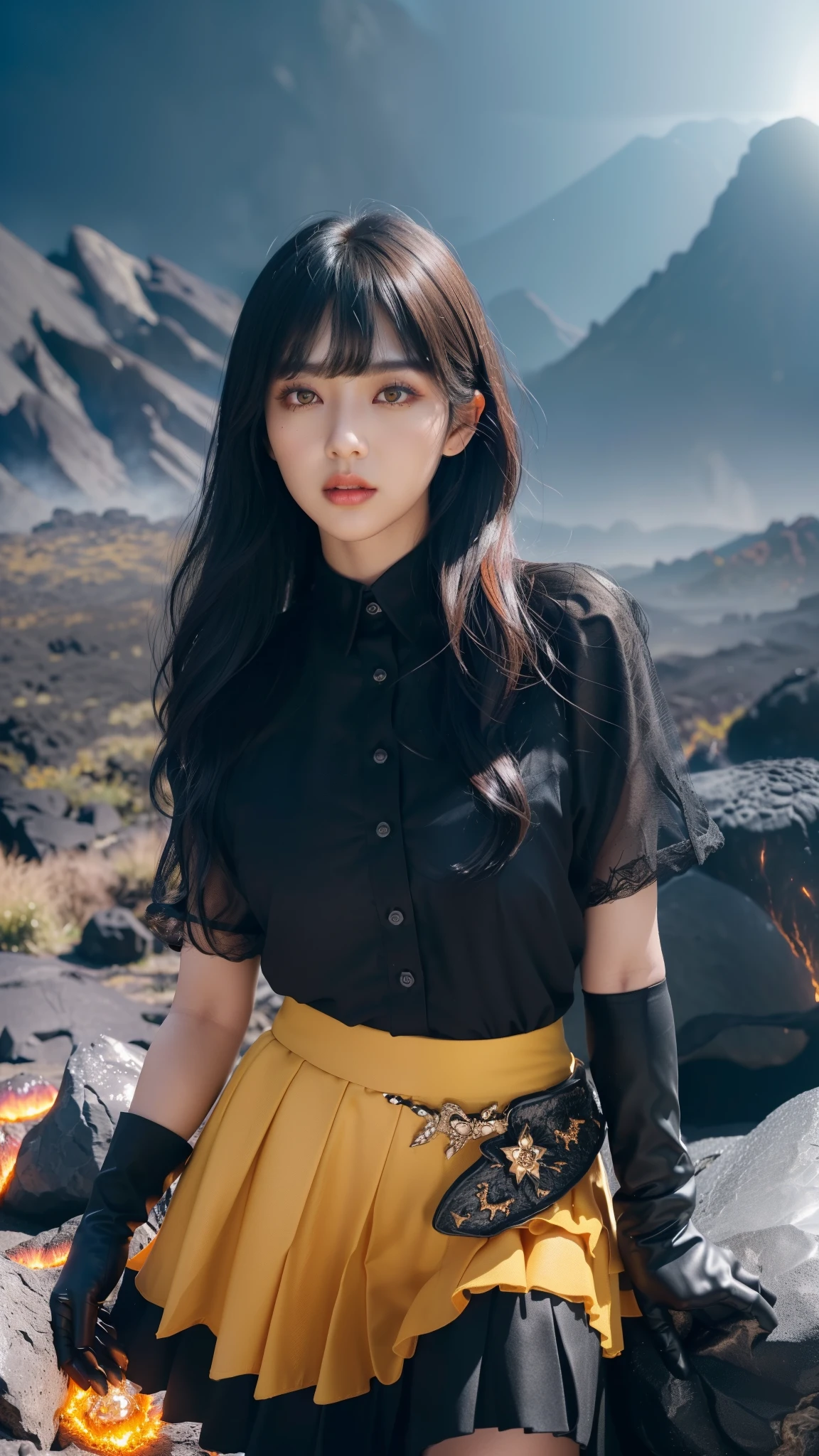 (Dark Bloom), kpop idol, black fluffy hair with bangs, yellow eyes, (black skirt, gloves, black shirt), wings, sparkling clothing, (mountains, orange fire, dark background, rocks. lava), (realistic:1.2), (masterpiece:1.2), ((Cowboy-shot:1.2), dark romantic lighting, (highly detailed:1.2),(detailed face:1.2), (gradients), colorful, detailed eyes, (natural lighting:1.2), solo 