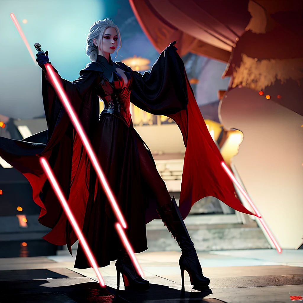 Elsa princess from Frozen dressed in a black Sith robe and holding a red Star Wars-style lightsaber in her hands, with the clone army in the background