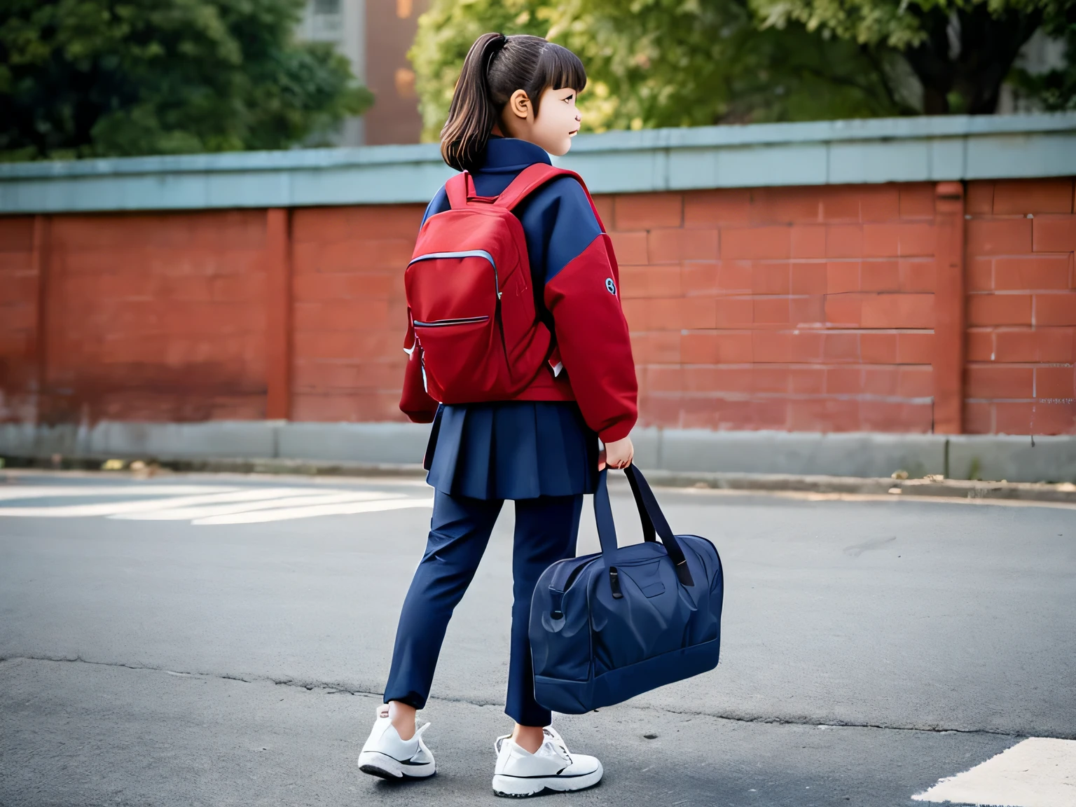 his clothes are dark blue, Three button jacket and round neck sweatshirt.、A 5th grade elementary school girl wearing black pants and athletic shoes、Please generate an image with a red school bag on your back..