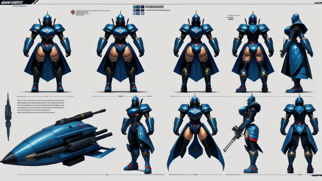 (character design sheet of dog robot) realistic, detailed, camera eyes, Metallic face and skin, bold head, no hair, flexible armor, standing posture, light background, vibrant colors, professional concept art style, high resolution, studio lighting, fine details, gun, Machine guns, shield, swords, Bazooka Cannon, missiles, Missile pods, Communicator, Energy pods, Ammunition magazines , dynamic pose, gigantic breasts, huge ass