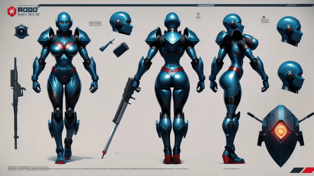 (character design sheet of dog robot) realistic, detailed, camera eyes, Metallic face and skin, bold head, no hair, flexible armor, standing posture, light background, vibrant colors, professional concept art style, high resolution, studio lighting, fine details, gun, Machine guns, shield, swords, Bazooka Cannon, missiles, Missile pods, Communicator, Energy pods, Ammunition magazines , dynamic pose, gigantic breasts, huge ass