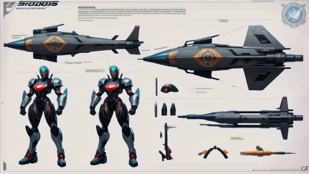 (character design sheet of dog robot) realistic, detailed, camera eyes, Metallic face and skin, bold head, no hair, flexible armor, standing posture, light background, vibrant colors, professional concept art style, high resolution, studio lighting, fine details, gun, Machine guns, shield, swords, Bazooka Cannon, missiles, Missile pods, Communicator, Energy pods, Ammunition magazines , dynamic pose, gigantic breasts, huge ass