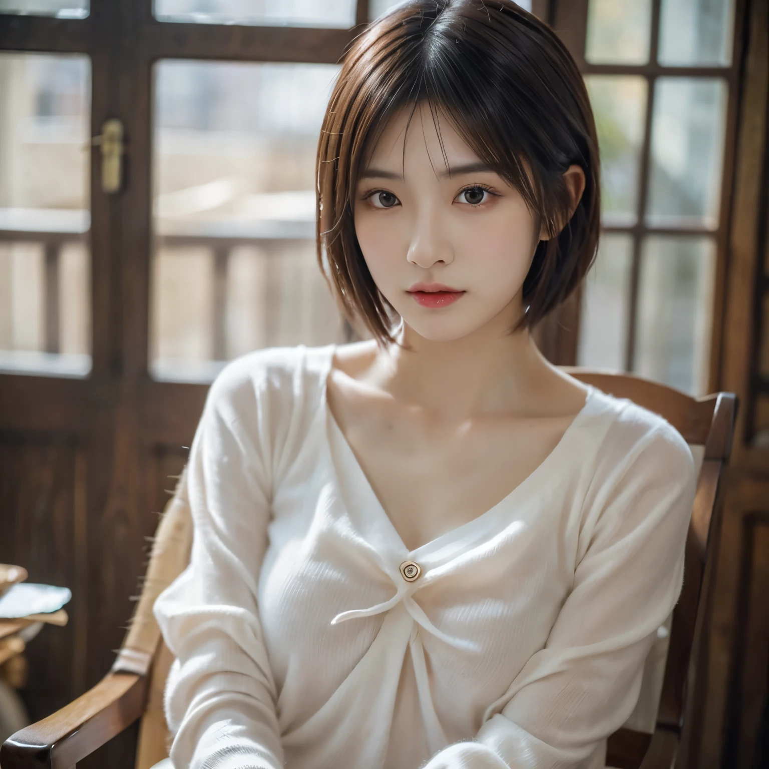 (1 Japan actresses), (forward:1.5), think back, (very detailed美しい顔), wonderful face and naughty eyes, (highest quality:1.4), (super detailed), (very detailed CG 統合 8k 壁紙), very detailed,unusual angle、professional photography, realistic portrait, wonderful face and eyes, (The chest is fluttering:1.5)、Depth of the bounds written, ,short hair、sit on a round chair、cross your legs、provocative attitude