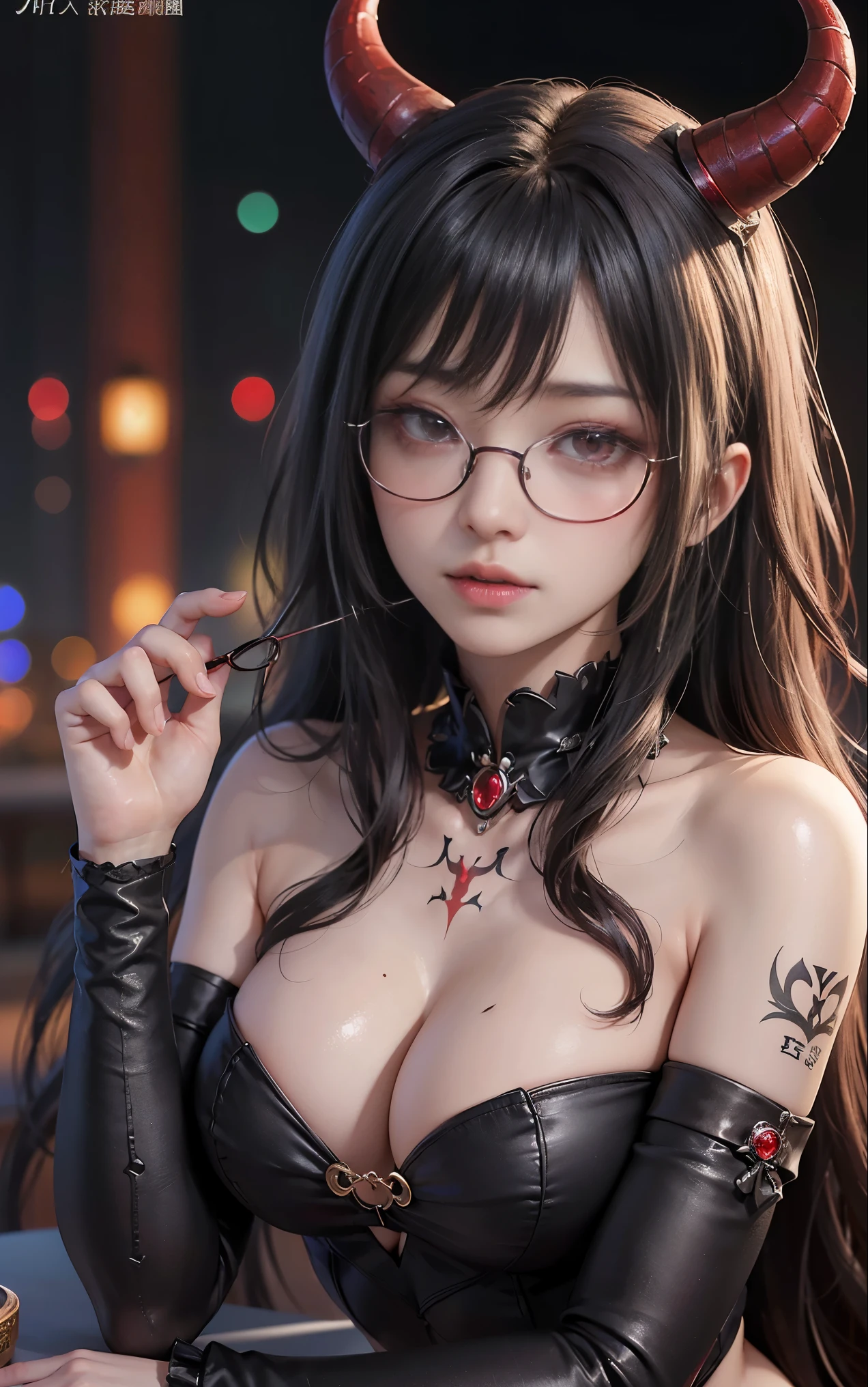 got itですかですか、(best illustrations)、8k UHD resolution、intricate details、highest quality、realistic、Super detailed、best lighting、best shadow、soft lighting、ultra hd、超realistic、Tyndall effect、Photoreal、(high detail skin:1.2)、 (intricate details, compensate, face to face with the children_v1:0.5), (got it, beautiful and delicate face, got itですか, beautiful and delicate eyes, perfectly proportioned face, high resolution skins, fine skin, Optimal ratio of 4 fingers and 1 thumb, arm under chest, red tattoo on lower abdomen、Wow wow, wide hips, smooth abdomen, thin and thin skin, __fashion__, __hair__:1.25)、Digital single-lens reflex camera、 absurd、(table top: 1.3), (maximum resolution: 1.2), (ultra hdTV: 1.2), cinematic light, fine eyes and skin, detailed facial features, , (sharp focus: 1.2）, (focus on the face:1.2),perfect style, beautiful face, acura, anatomically correct, Highly detailed face and skin texture, fine eyes, double eyelid, thin eyebrows, glitter eyeliner: 1 natural cheeks, Glossy skin, Fair skin: 1.2, (glossy lips: 1.4),(embarrassed look: 1.2),Highly detailed face and skin texture, fine eyes, double eyelid, natural cheeks,  glossy lips: 1.4,exposed cleavage、Bewitching。charm、 Beautiful devil woman from hell, デヴィッド・ホックニーとアルフォンス・ミュシャによる超realistic女性の肖像画, charm女性の肖像画、fantasy art, Chinese humanoid robot、chinese actress、dungeon、dragon、devil&#39;palace of、devil&#39;torture chamber、night、dark style 、in the dark、(detailed spooky background:0.8), magic、 1 girl、evil nun、dark necromancer、Succubus、devil&#39;Daughter of、Shinonome Umi、bat wings，(((devil&#39;Horn)))、 ((((giant glasses, otaku glasses, thick glasses, round glasses)))),(((big breasts)))、(devil&#39;tail)、(red eyesは光り輝いて:1.6)、red eyesは非常に鮮明で詳細です, your eyes are so beautifully made, ((red eyes:1.0)),intricate tattoo, demonic intricate tattoo, thigh tattoo, body tattoo, masterpiece、最もbeautiful face、baby face、cute smile、beautiful plump red lips、筋肉のcharm体、devilのcharm体、devil style、charmブラックマジックコスチューム、The long-haired、Braid、Black hair、Ponytail distortion、, Ponytail with a bow tied at the back of the hair, beautiful expression、body up、big breasts強調、bust,  super tight chest, Breast augmentation surgery, Breasts are very big and round,tight waist、wide ass、 secret key, cowboy lens, (black phoenix dress: 1.0),  devil crown,  Red Gemstone Necklace、Jewelry G Wise,  Please wear black mesh socks,wearing light red、nffsw, nffsw, Meeting beautiful girls, look at the girl&#39;Main body,