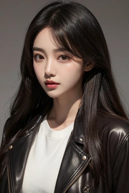 There is a woman in a maxi brown leather jacket, ulzzang, Hermosa joven coreana, Chica coreana, Sakimichan, Hermosa mujer surcoreana, Asian girl with long hair, con el pelo largo, dilraba dilmurat, Heonhwa Choe, Gongbi, Hermosa joven coreana