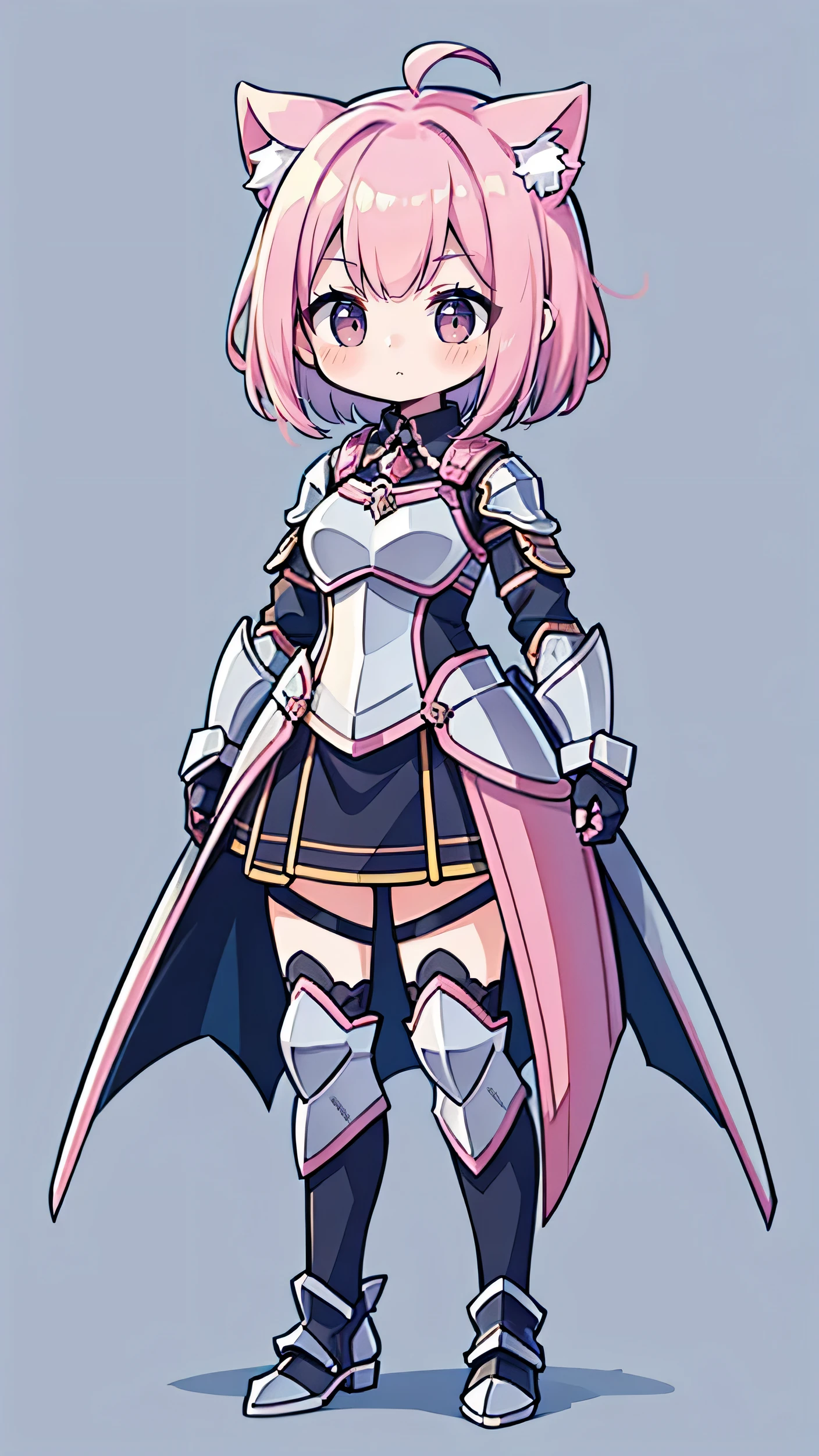 girl, Short hair, cat ears, pink hair, SD characters, woman warrior costume, medieval iron armor, Armor color is white with pink accents..,