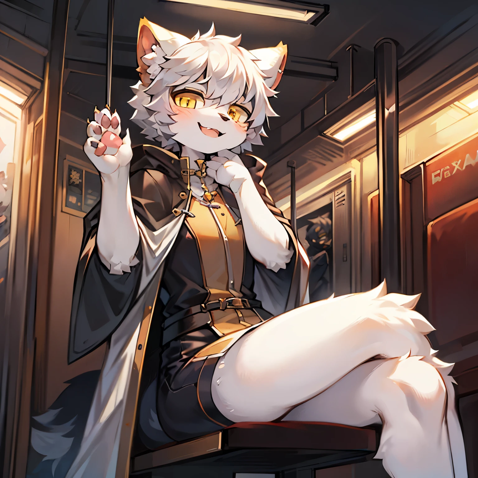 Bright Eyes, Portrait full body photo, Avatar frame, Character focus, alone, hairy, hairy male cat, 雌性黄白fur, light eyes, white头发 (long) style, Little cute, 会卖Lovely, 身穿白色風衣and白紅色褲子_focus, 只有一条大白色Tail,Wolf_,Humanity,已superior传,alone,superior_Body,,woman_focus,furry_kem in o,furry_woman,beast,young_beautiful girl,adult,Mature,11_years_old,kawaii,Lovely,cool,handsome. deTailed_Brushedy_fur,Tufted,(white_fur,Body_fur,Oil_skin,skin_and_Brushedy_fur:1.3),animal_nose,animal_ear_Brushed,Brushedy_paw,paw pads,animal_hand,Brushedy_big deal_Tail。(White hooded cape trench coat:1.5),Short woman hair,white gray hair,yellow eyes,clear eyes,Bangs,Open your mouth slightly,Smile and,light blush,raised his hand,,Sitting on a chair in a subway station,(Keep your feet apart,Seated positi在:1.2),looking at the audience。 street scene。