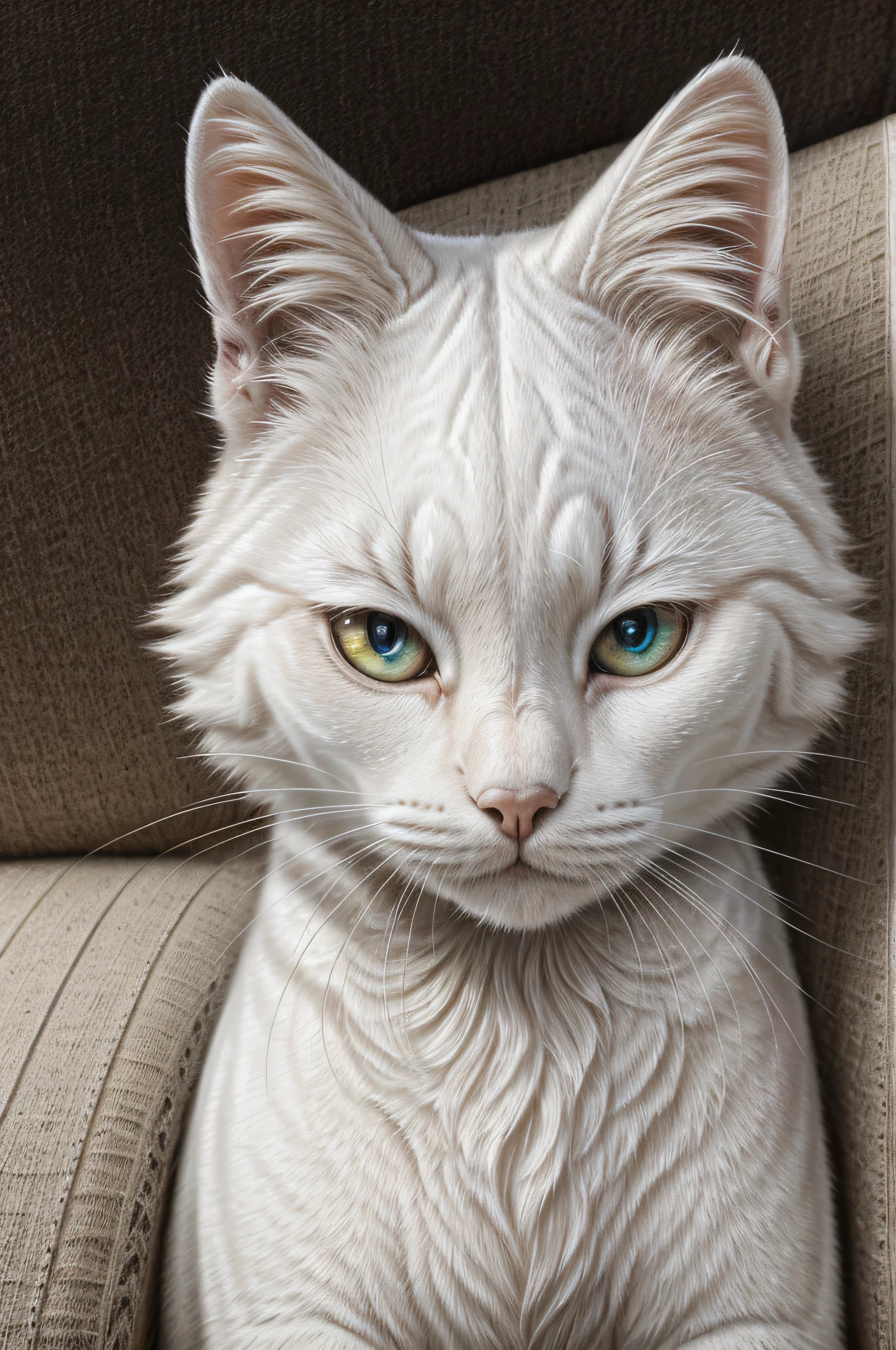 A white cat with different colored eyes is lying on the sofa, Illustration of 1 cat, 超actual的插图, 超actual的插图, 超actual插画, a cat. actual, author:Wayne England, actual illustration, 超actual的插图, portrait, 近距离portrait, award-winning surrealism, author:Lisa Mirroy, author:Crazy Darla