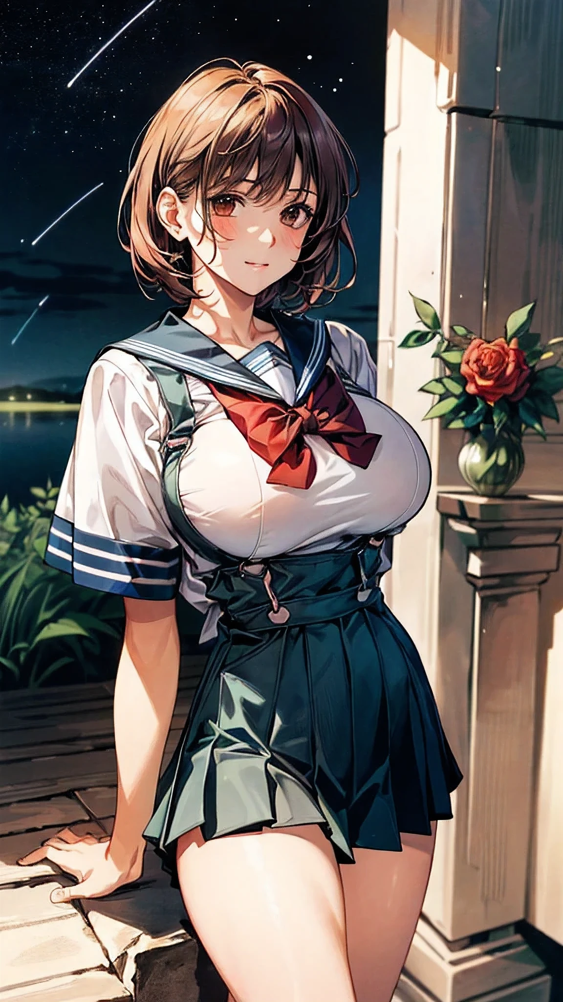 (masterpiece:1.2, highest quality, Super detailed), (realistic, photorealistic:1.4), beautiful illustrations, (natural side lighting, movie lighting), avert your eyes, 1 girl, Japanese, high school girl, perfect face, (perfect ), 左右対称のcute顔, shiny skin, thin, (straight hair:1.5, reddish brown hair), red hair clip, dark brown eyes, droopy eyes, Big eyes, long eyelashes chest), beautiful hair, beautiful face, thin and beautiful eyes, beautiful clavicle, beautiful body, beautiful breasts, beautiful thighs, beautiful feet, ((fine fabric texture, gray pleated skirt, ((white sailor collar)), dark green bow tie, white socks, brown loafers)), highest quality, alone, Depth of written boundary, natural soft light, Cumbersome, beautiful face, cleanliness, pure face, white skin, cute, short hair, bang, Light of the sun, ((セーター黄金比のbeautiful face 対称性のあるbeautiful face)), long neck, Giorgione&#39;painting style, Rich colors and deep atmosphere, Revealing their fascination with space, in the background, The forest lake on a quiet night reflects their deep thoughts.., full of stars and constellations, one person is holding a vase of roses, もう一方にはcute小物やチャームが飾られています, perfect hands指, perfect hands, perfect body, shine a light on the eyes, perfect :1.4, とてもcuteスーパーモデル:1.4, ({Huge|big breasts|Hugeな|mega} overall small breasts:2), perfect , Depth of written boundary, evening, (school hallway), turn your arms behind your back, (smile, Upper grade)