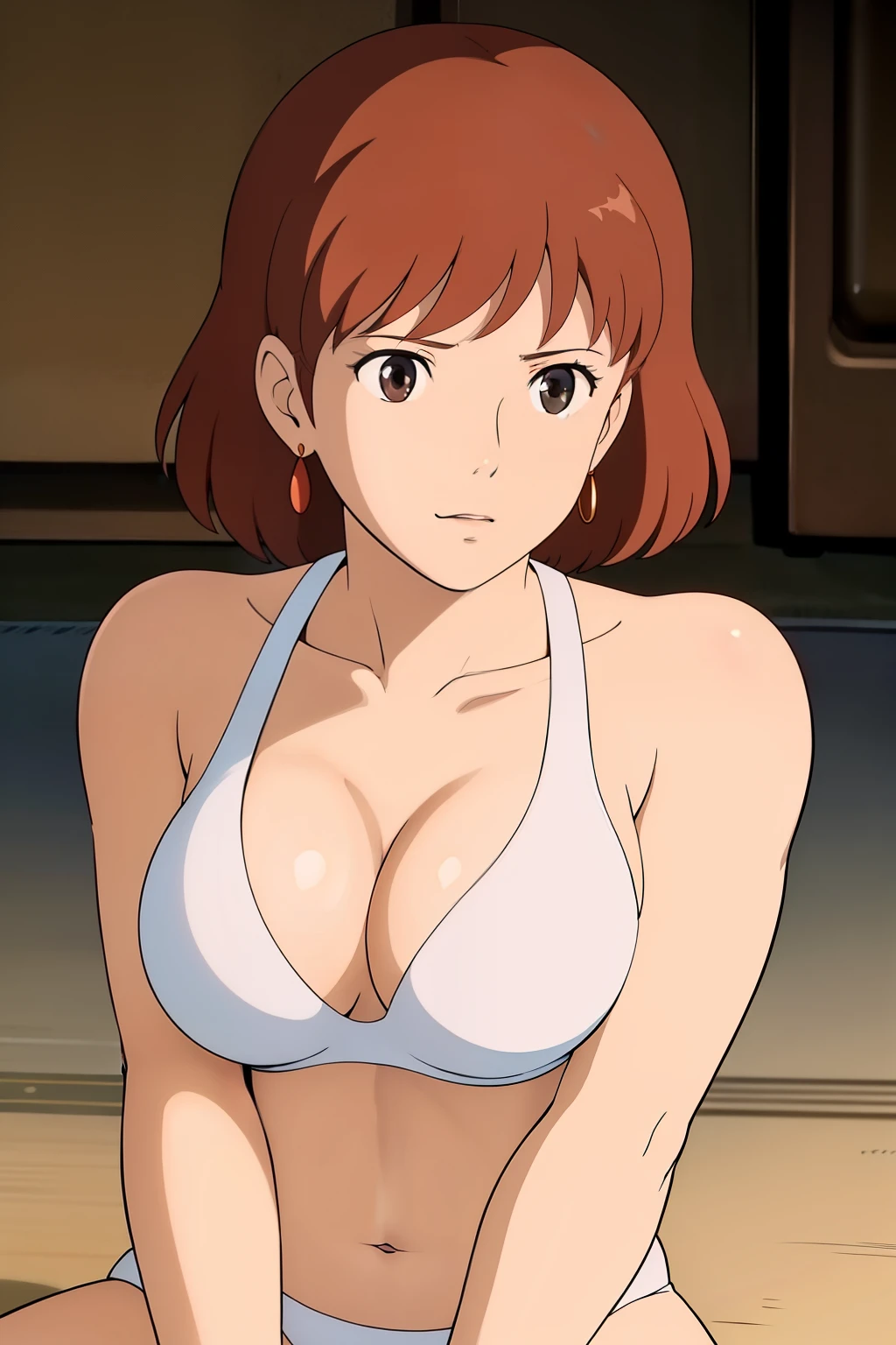 Nausicaa, 1 girl, alone, cute, shy, （カメラeye線）、red earrings, brown hair, (watching from a distance, cleavage), Upper body, (white bikini), sit, on the floor, (perfect detailed anatomy, beautiful face&eye)