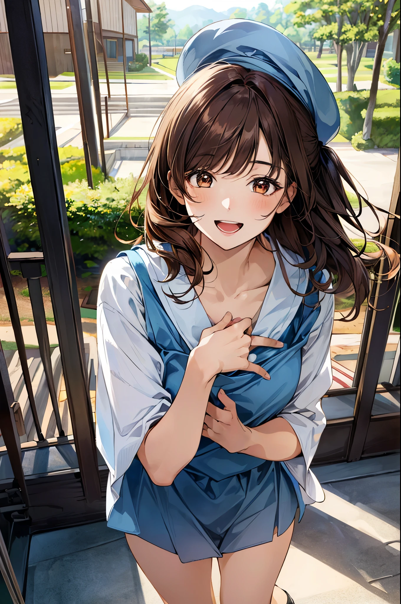 (masterpiece:1.2, top-quality, ultra high res, ultra detailed), (realistic, photorealistic:1.4), beautiful illustration, colorful, (natural side lighting, movie lighting),
looking away, 1 female , japanese, ((, kindergartners, 5 yearperfect face, (perfect anatomy), cute and symmetrical face, shiny skin, tiny,
(middle hair:1.5, (two side up:1.2), red brown hair), asymmetrical bangs, brown eyes, drooping eyes, big eyes, long eye lasher, (),
beautiful hair, beautiful face, beautiful detailed eyes, beautiful clavicle, beautiful body, beautiful chest, beautiful thigh, beautiful legs,
((detailed cloth texture, light blue nursery uniform smock, yellow school hat)),
(beautiful scenery), depth of field, evening, (park, sandpit), standing, (happy smile, upper eyes, open mouth),