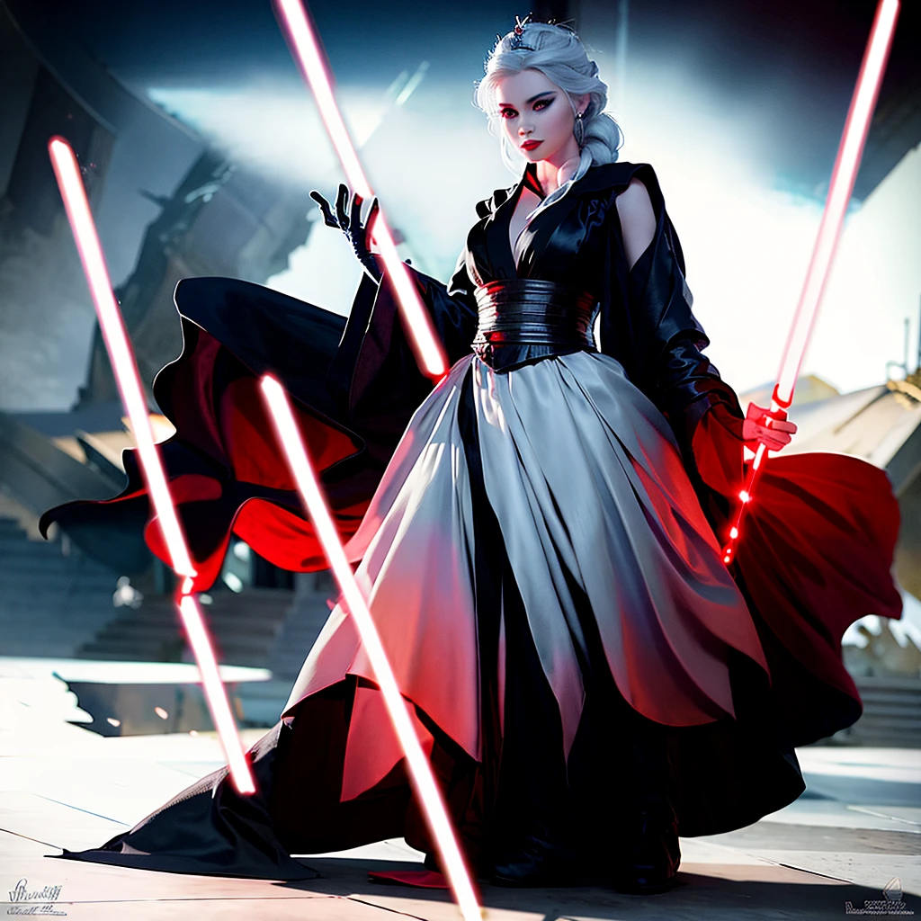 Elsa princess from Frozen dressed in a black Sith robe and holding a red Star Wars-style lightsaber in her hands, with the clone army in the background