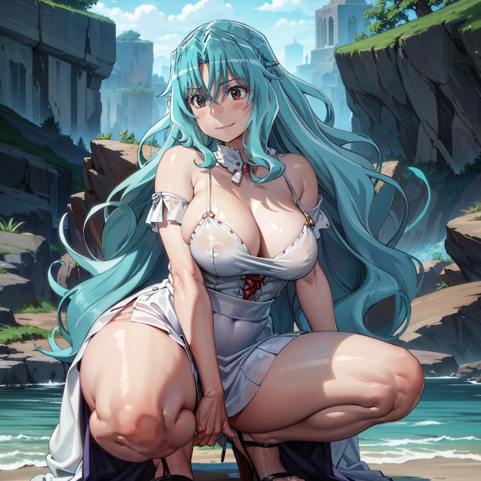 (Masterpiece, High Quality, Top quality, High-Detailed, Detailed CG, Cinematic Shadow, Cinematic Scene, Beautiful Detailed Eyes, Ultra Resolution, Depth of Field), Looking At The Audience, (Blush Expression:1.2), (Smiling Expression:1.2), (Erotic Expression:1.0), (NSFW:1.2), Red Eye, Blue Hair, Five Fingers, Good Composition, (White Dress:1.3), (Erotic Dress:1.0), (See-Through Dress:1.0), (Transparent Dress:1.0) (Short Skirt:1.2), (Chubby:1.2), (Cameltoe:1.0), Thicc Thighs, Thick, Large Breasts, Huge Breast, Beach, Sea, Outdoors
