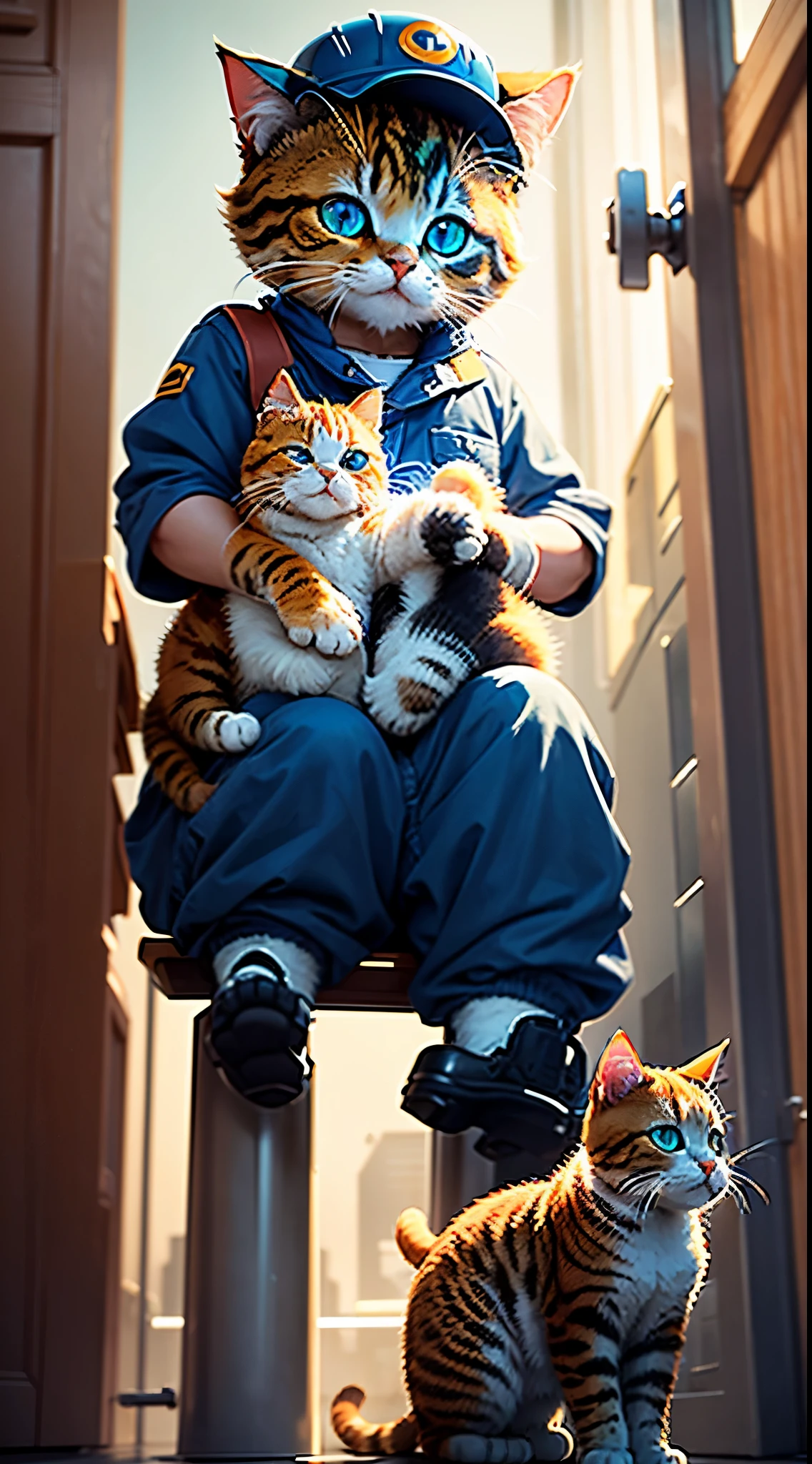 Masterpiece, top quality, Cg unity 8k wallpaper, super exquisite, won a photo contest, Background blur scene, full depth of field, high dynamic HDR, realistic restoration, complex, extremely detailed, impressive presentation, perfect expression of mid-travel art style. 3D ANIMATION STYLE, A chubby, orange-yellow cat with big, round, blue eyes is climbing up an electric pole to repair lines. The cat wears an orange helmet and a blue electrician's uniform. The cat is concentrating on work and smiling when completing the task. The setting is a bustling Asian city with high-rise buildings and busy traffic. THERE WAS A CROWD OF MANY PEOPLE WHO WERE CURIOUS AND CONFUSED WATCHING THE CAT