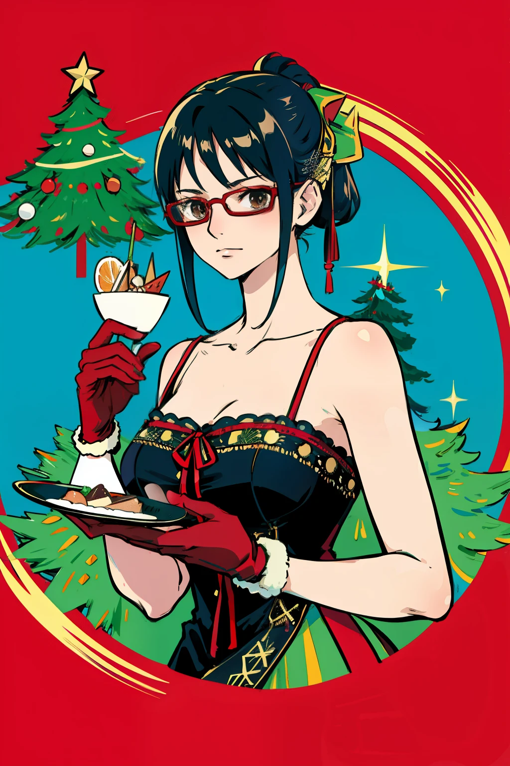 tashigi, General, 1girl, black gloves, blue hair, breasts, brown eyes, cake, christmas tree, collarbone, dress, food, glasses, gloves, hair ornament, holding, large breasts, looking at viewer, red-framed eyewear, red dress, ribbon, short hair, sidelocks, sleeveless, sleeveless dress, solo, transparent background, white ribbon