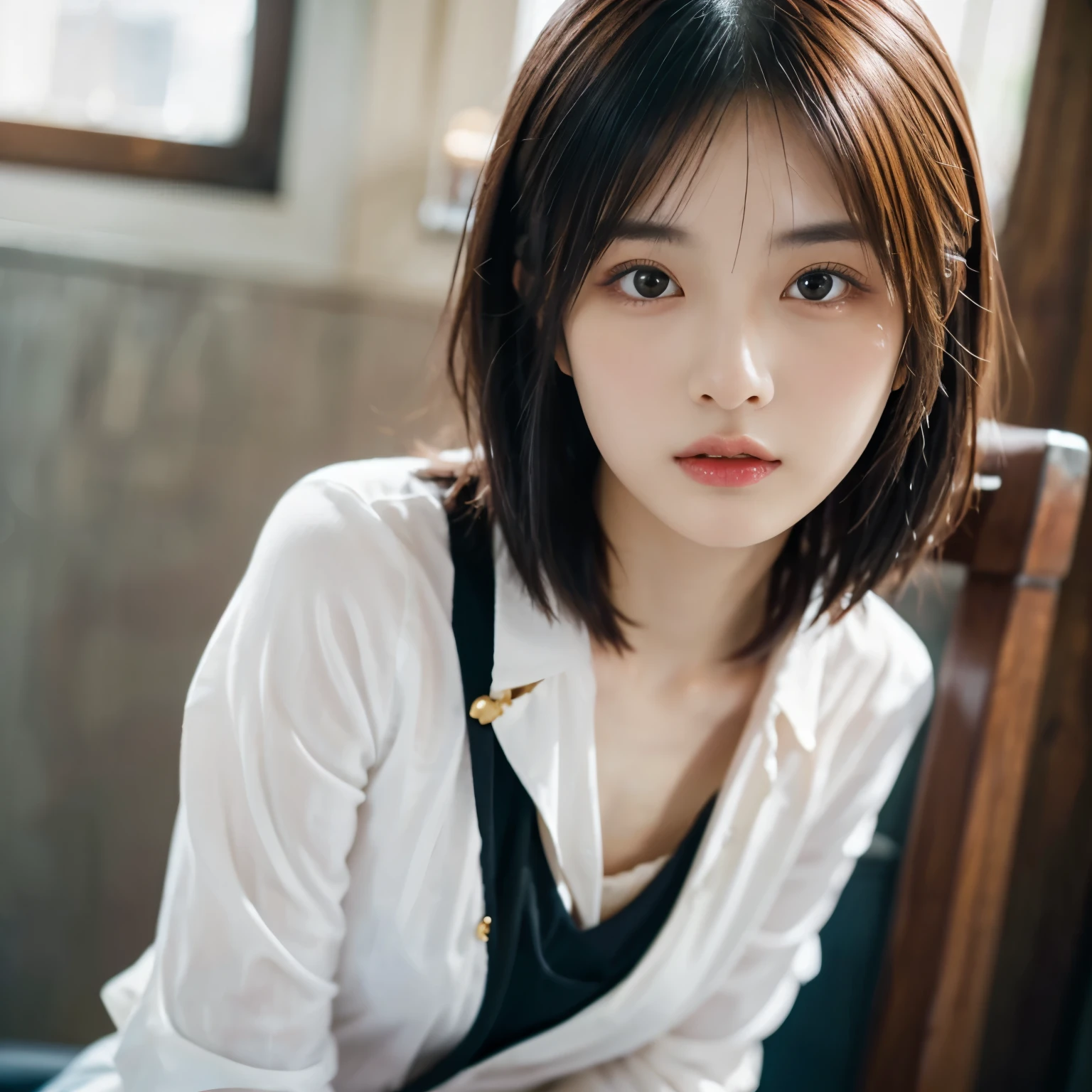 (1 Japan actresses), (forward:1.5), think back, (very detailed美しい顔), wonderful face and naughty eyes, (highest quality:1.4), (super detailed), (very detailed CG 統合 8k 壁紙), very detailed,unusual angle、professional photography, realistic portrait, wonderful face and eyes, (The chest is fluttering:1.5)、Depth of the bounds written, ,short hair、sit on a round chair、cross your legs、provocative attitude