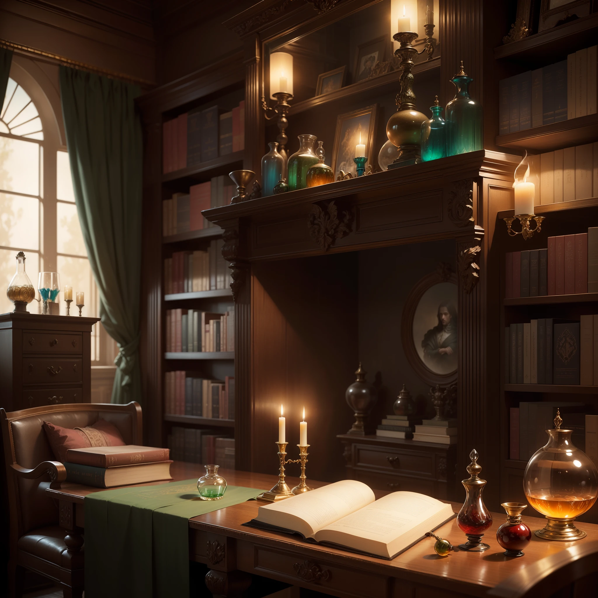 Great medieval library, big windows, very world ((Light room)), (green) Heavy, long fabric curtains (velvet), massive table, there are glass flasks ((Unusual Potions, colored glass)), A book on alchemy, wax candles. magical atmosphere, fantasy art, this work is done in very realistic colors, artistic expression..