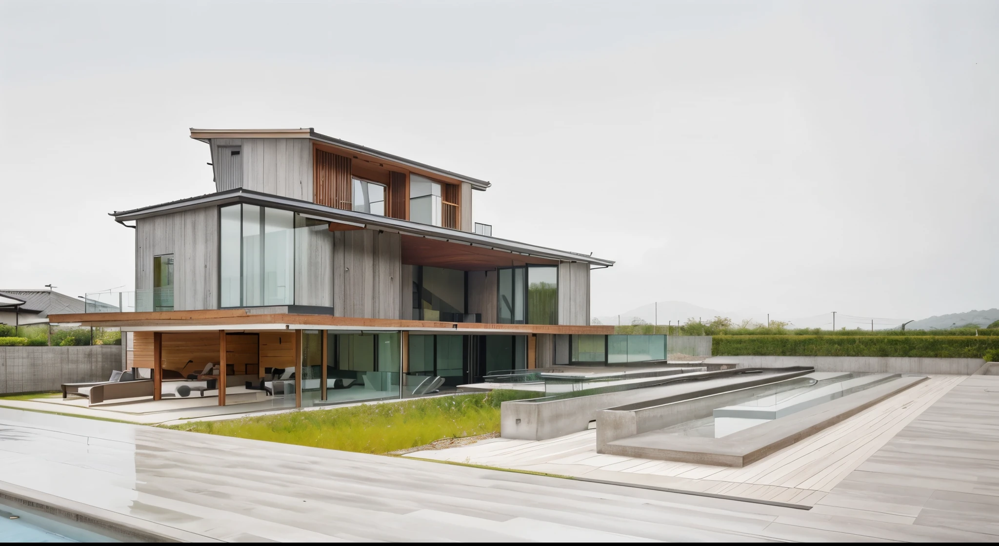 modern house’s frontage, glass railing, light grey concrete wall, ash wood floor, rice field, pool, old wood walkway