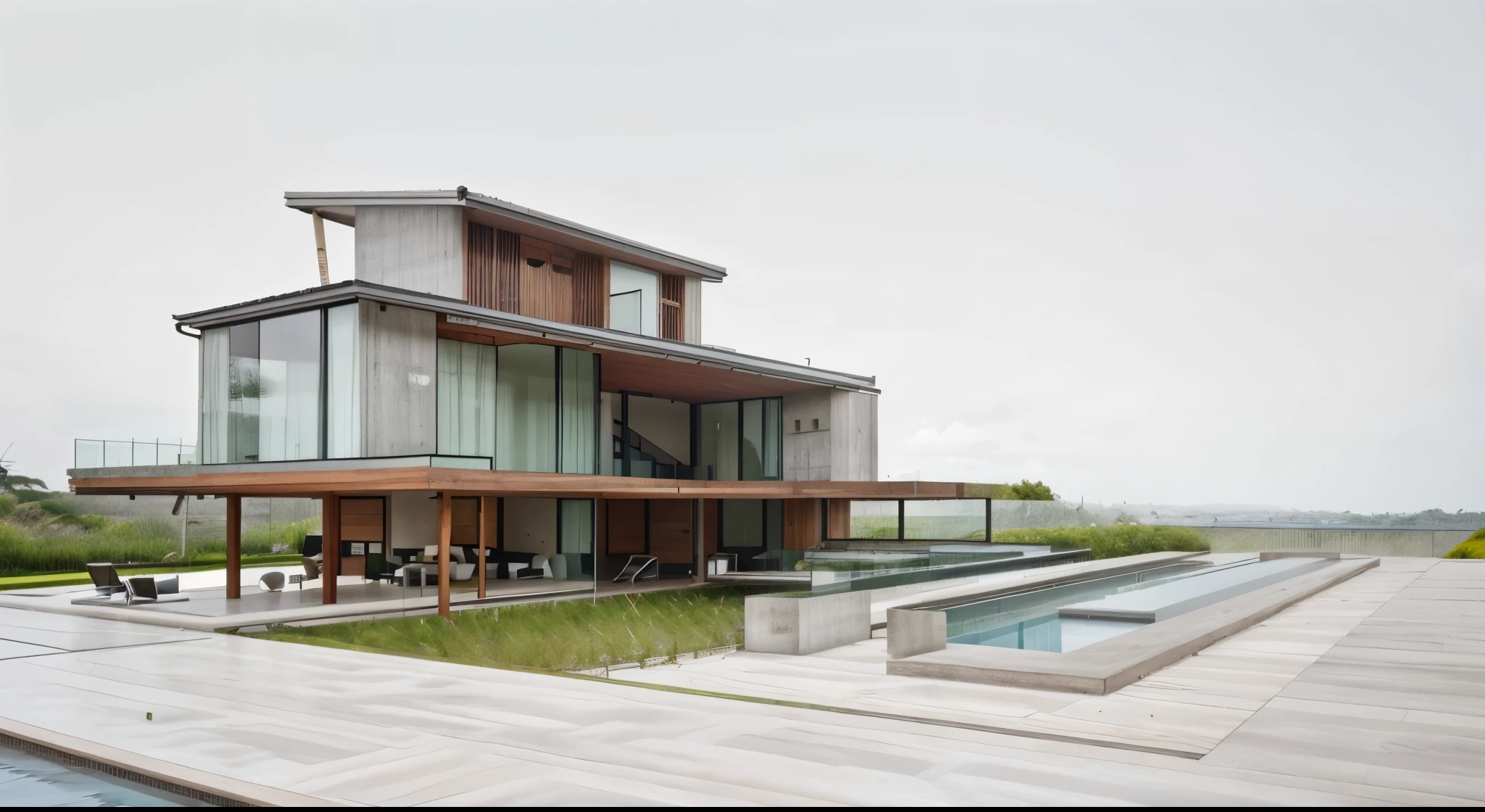 modern house’s frontage, glass railing, light grey concrete wall, ash wood floor, rice field, pool, old wood walkway