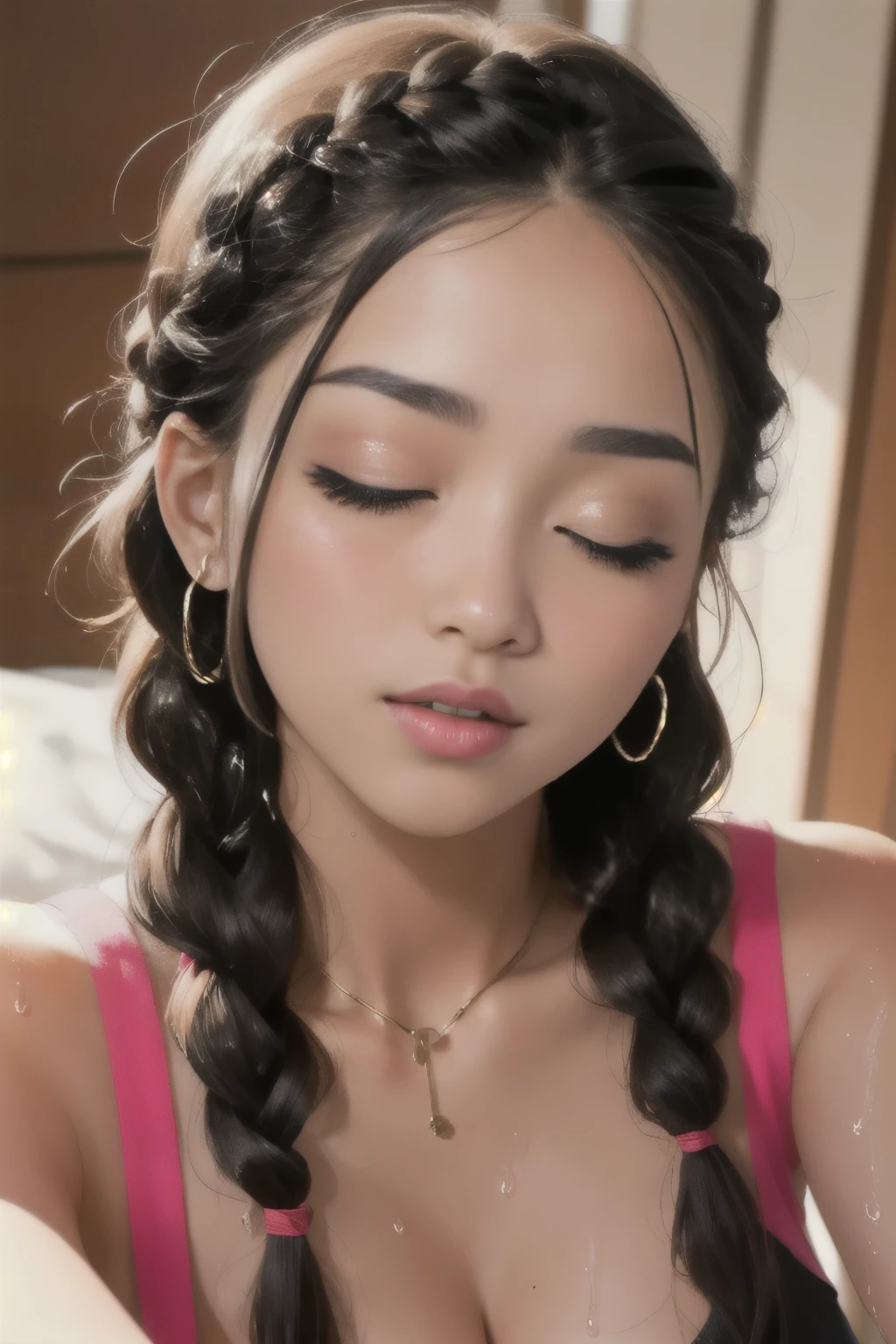 sexy woman, black braided hair, black t-shirt, close-up on face, eyes closed, glossy wet pink lips parted in a kiss, flawless glowing skin, long beautiful neck