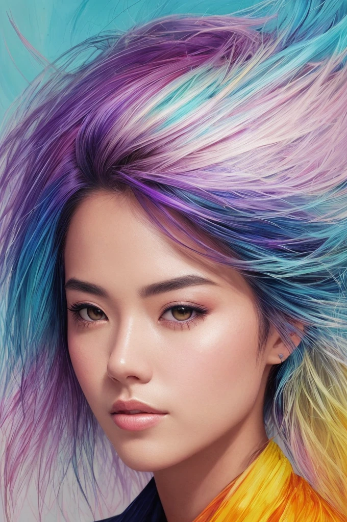 Colorful beautiful asian woman: messy hair, olhos castanhos penetrantes, oil painting, Marmoreio, nice perfect face with soft skinice perfect face, cores azuis amarelas, light purple and violet additions, light red additions, detalhes intrincados, tela inicial, 8K resolution, master part, face determinada ,artstation pintura digital suave fluxo de tinta veryBlack: 8K resolution photorealistic masterpiece: pintura de guache fluido intrincadamente detalhada: Directed by: Jean Baptiste Mongue: caligrafia: acrylic: arte em aquarela, fotografia profissional, natural lighting, Volumetric lighting maximalist photoillustration: Por Marton Bobzert:, Complexo, elegante, expansivo, genial, cabelos fluidos, vibrante