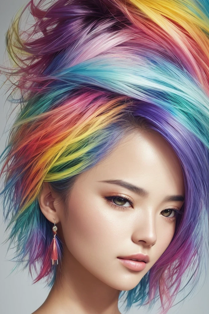 Colorful beautiful asian woman: messy hair, olhos castanhos penetrantes, oil painting, Marmoreio, nice perfect face with soft skinice perfect face, cores azuis amarelas, light purple and violet additions, light red additions, detalhes intrincados, tela inicial, 8K resolution, master part, face determinada ,artstation pintura digital suave fluxo de tinta veryBlack: 8K resolution photorealistic masterpiece: pintura de guache fluido intrincadamente detalhada: Directed by: Jean Baptiste Mongue: caligrafia: acrylic: arte em aquarela, fotografia profissional, natural lighting, Volumetric lighting maximalist photoillustration: Por Marton Bobzert:, Complexo, elegante, expansivo, genial, cabelos fluidos, vibrante