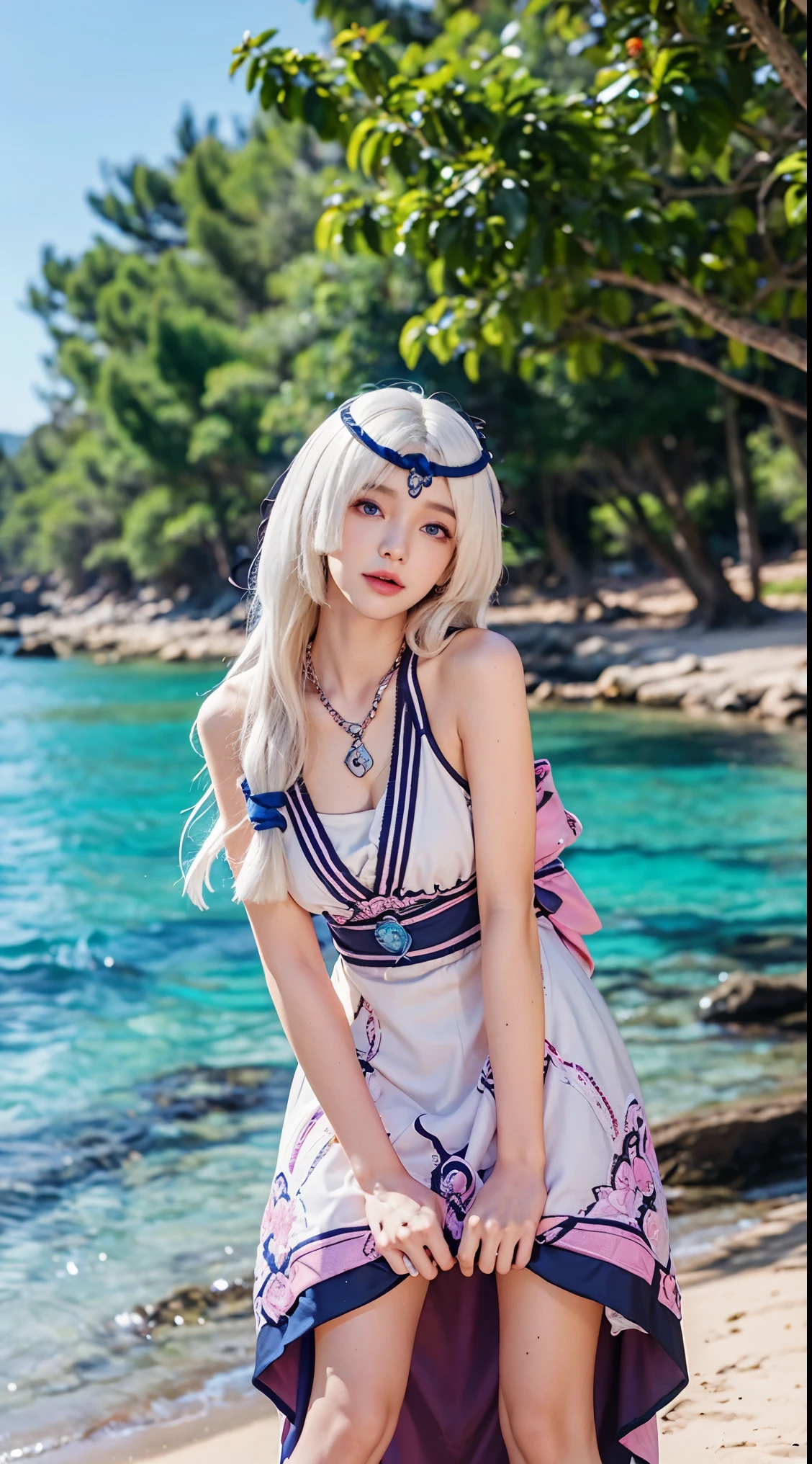 Kagura mobile legends, long white hair, blue eyes, wearing a pink beach dress and necklace, beach background carton naked