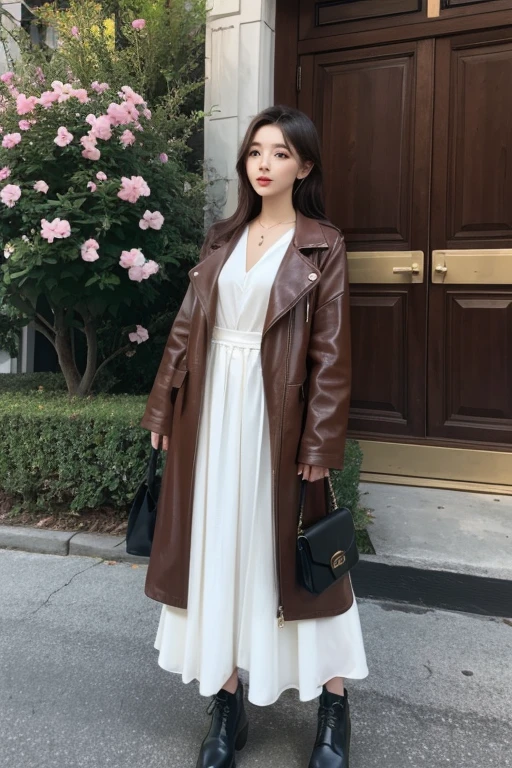 a woman standing in a maxi brown leather jacket, ulzzang, Hermosa joven coreana, Chica coreana, Sakimichan, Hermosa mujer surcoreana, Asian girl with long hair, con el pelo largo, dilraba dilmurat, Heonhwa Choe, Gongbi, Hermosa joven coreana